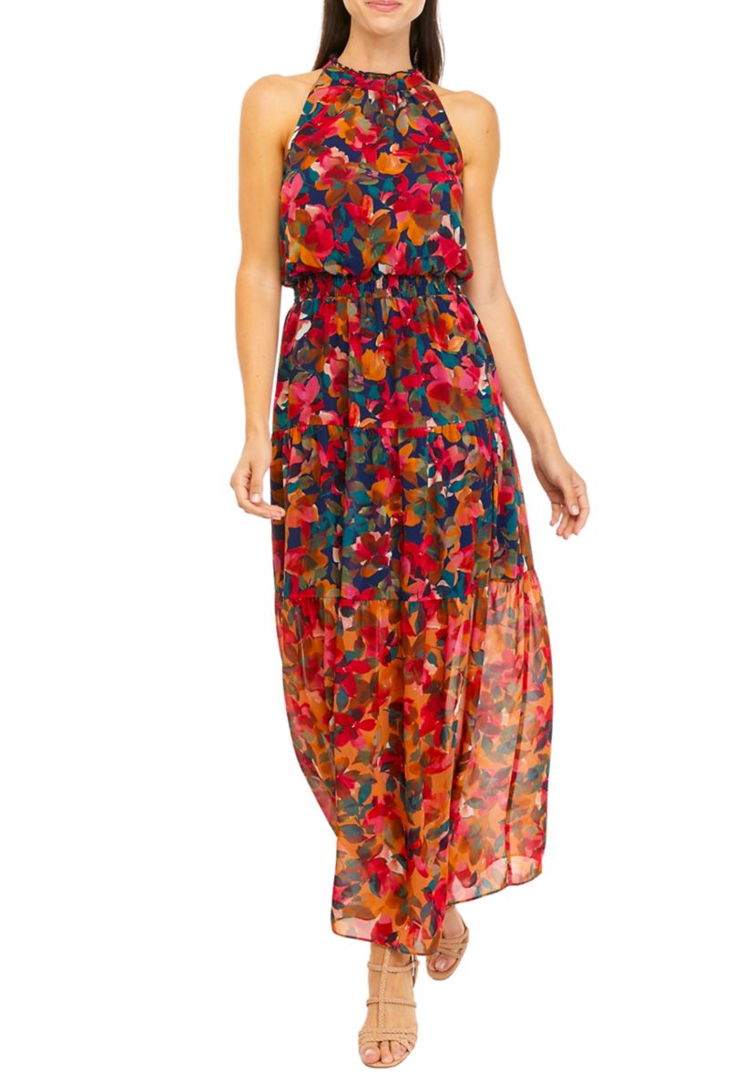 Womens Sleeveless Halter Neck Floral Maxi Dress