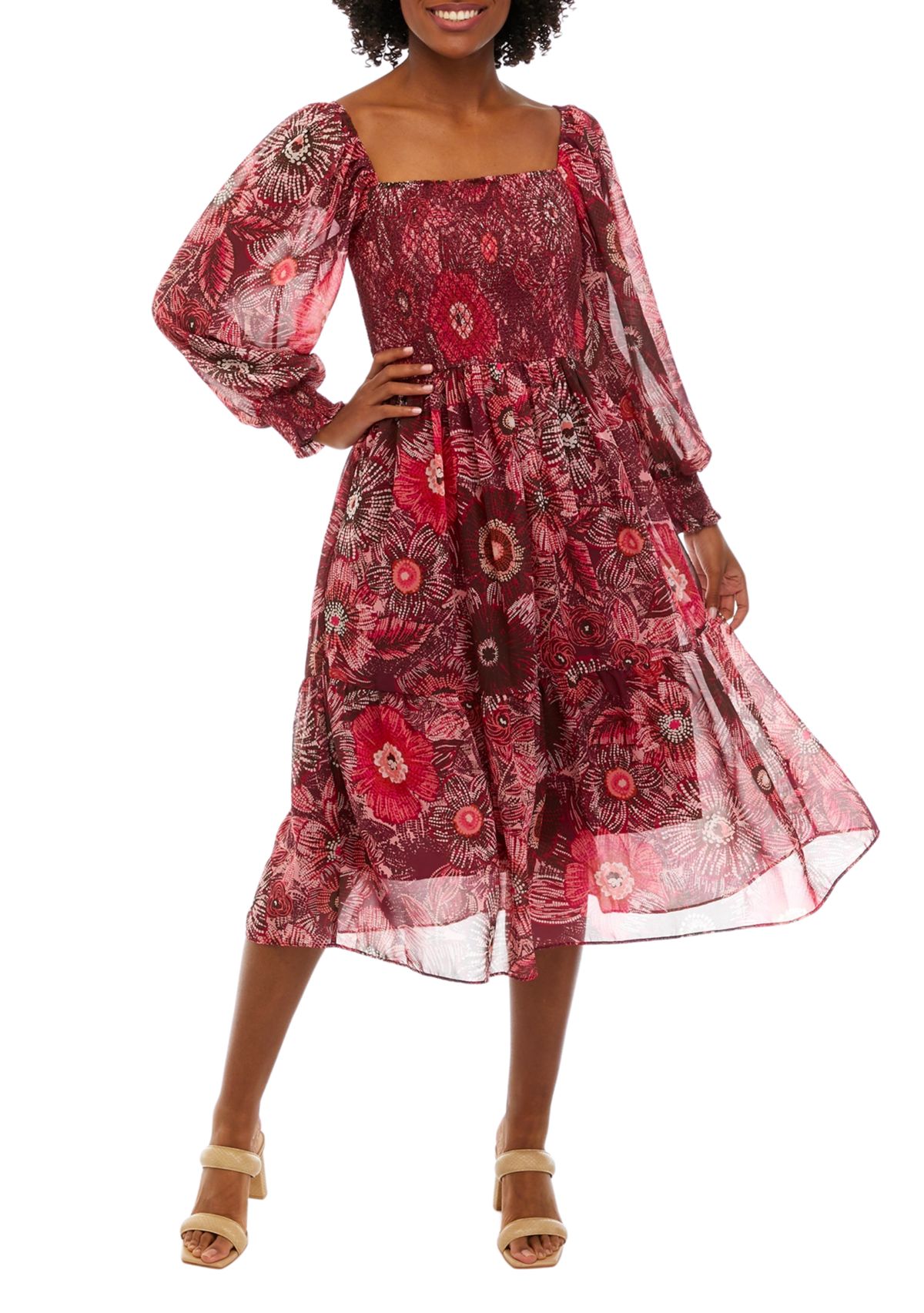 Womens Long Sleeve Square Neck Smocked Floral Print Midi Dress