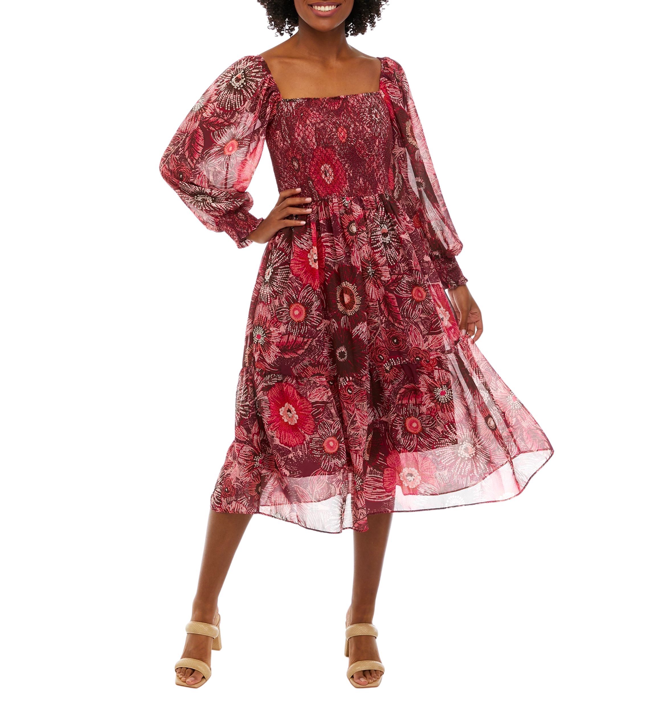 Womens Long Sleeve Square Neck Smocked Floral Print Midi Dress