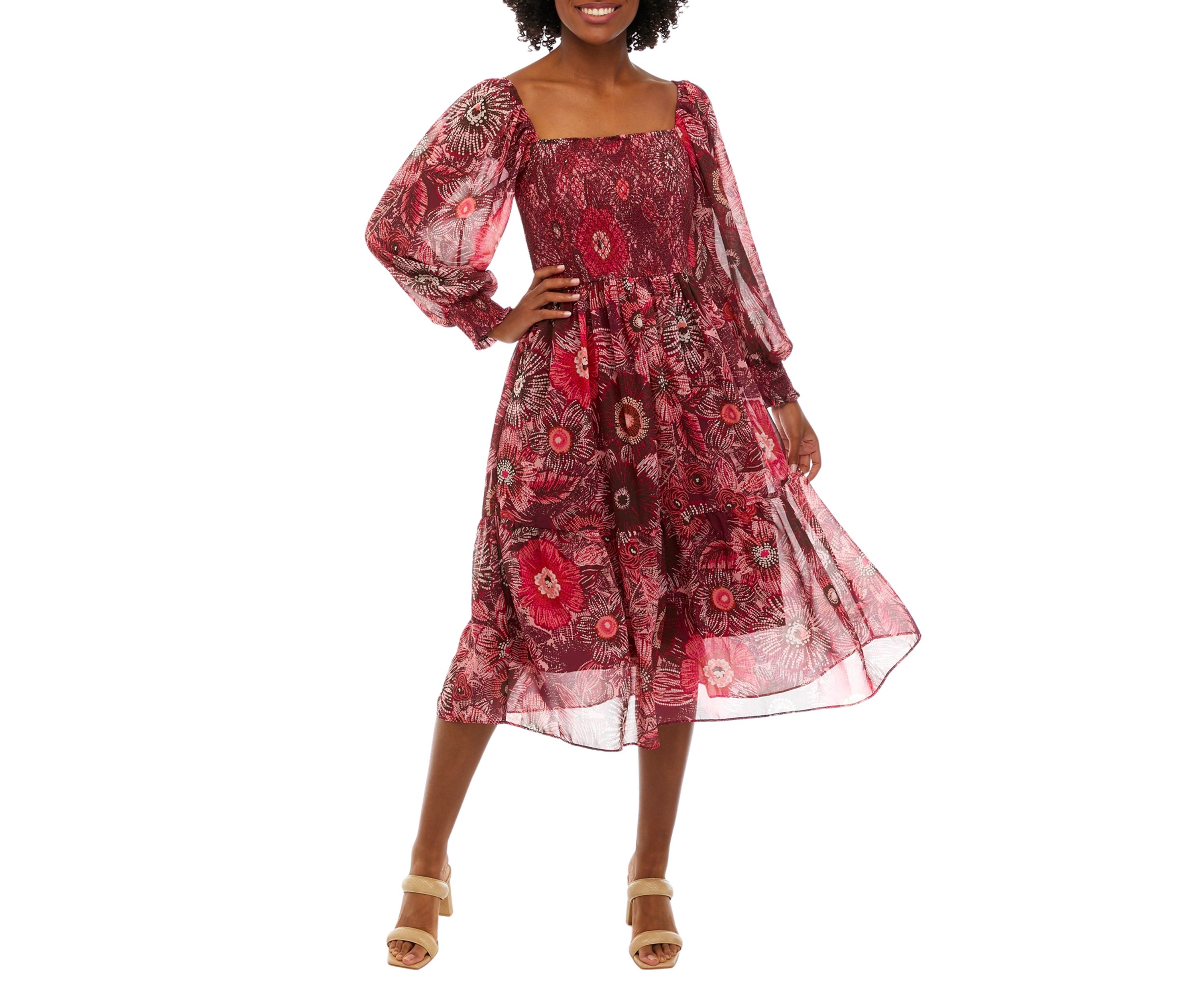 Womens Long Sleeve Square Neck Smocked Floral Print Midi Dress
