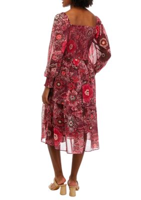 Women's Long Sleeve Square Neck Smocked Floral Print Midi Dress