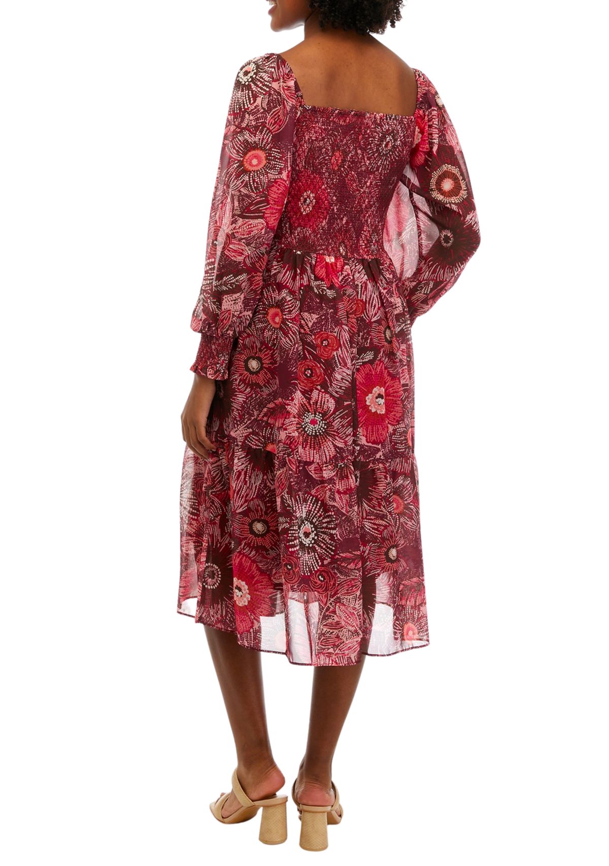 Womens Long Sleeve Square Neck Smocked Floral Print Midi Dress