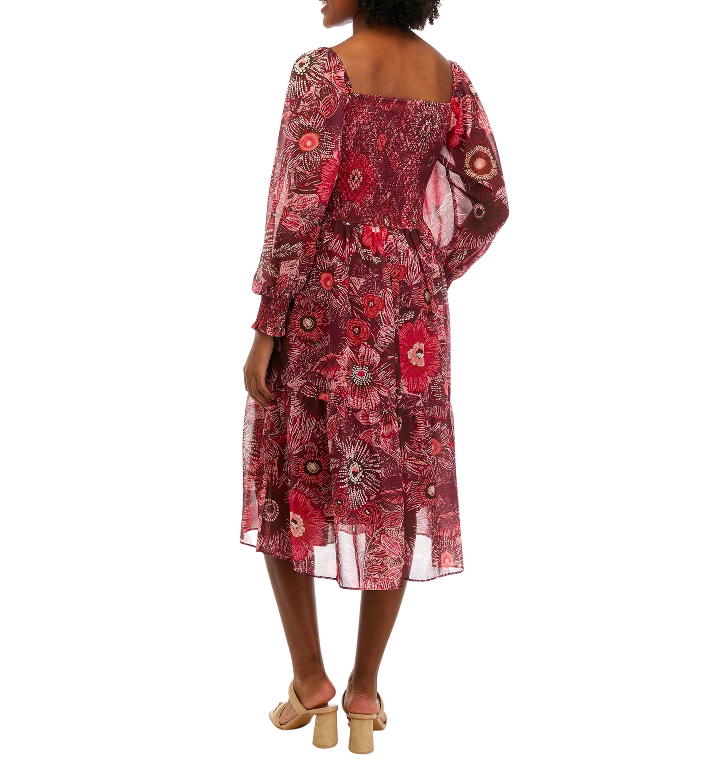 Womens Long Sleeve Square Neck Smocked Floral Print Midi Dress