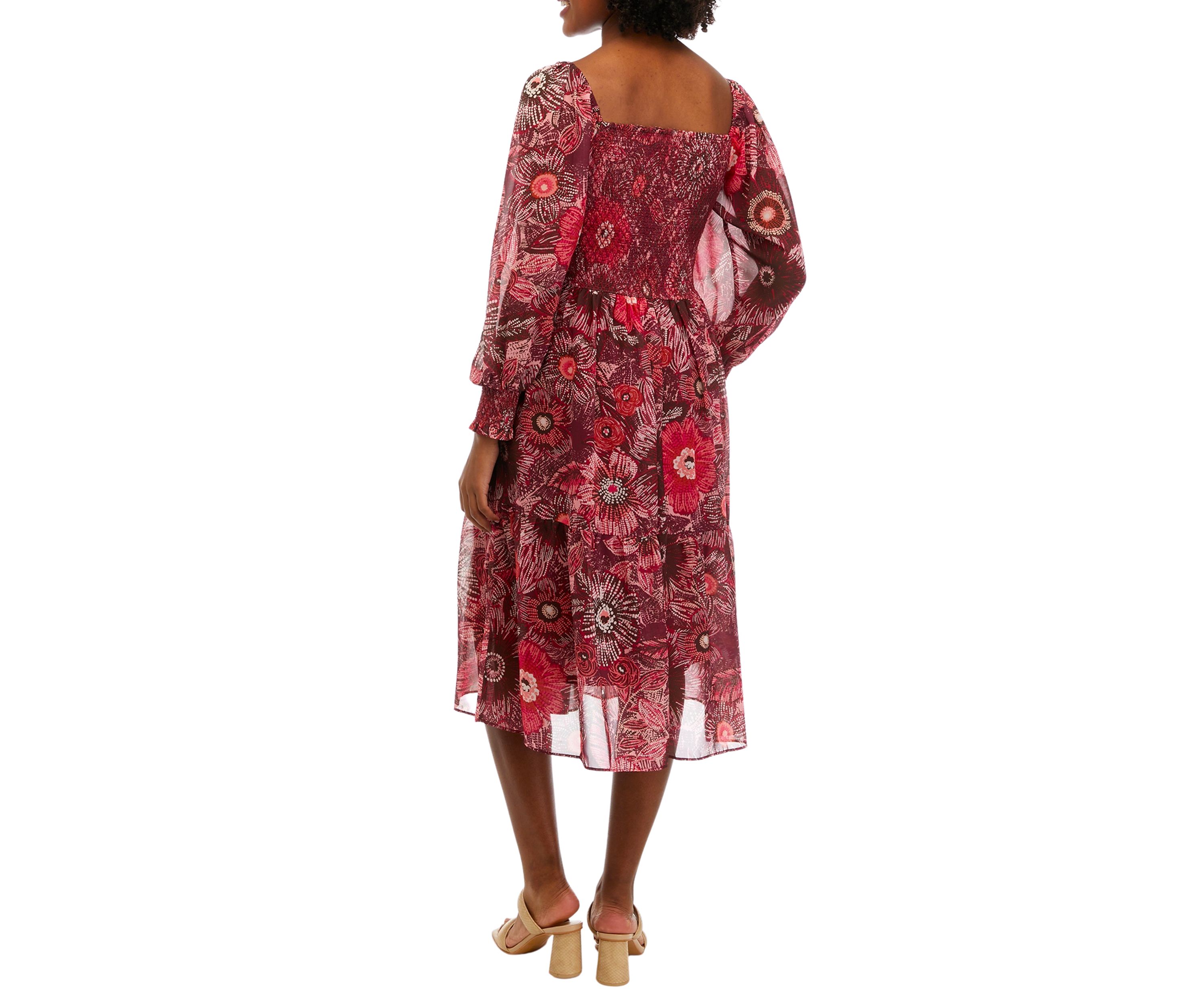 Womens Long Sleeve Square Neck Smocked Floral Print Midi Dress