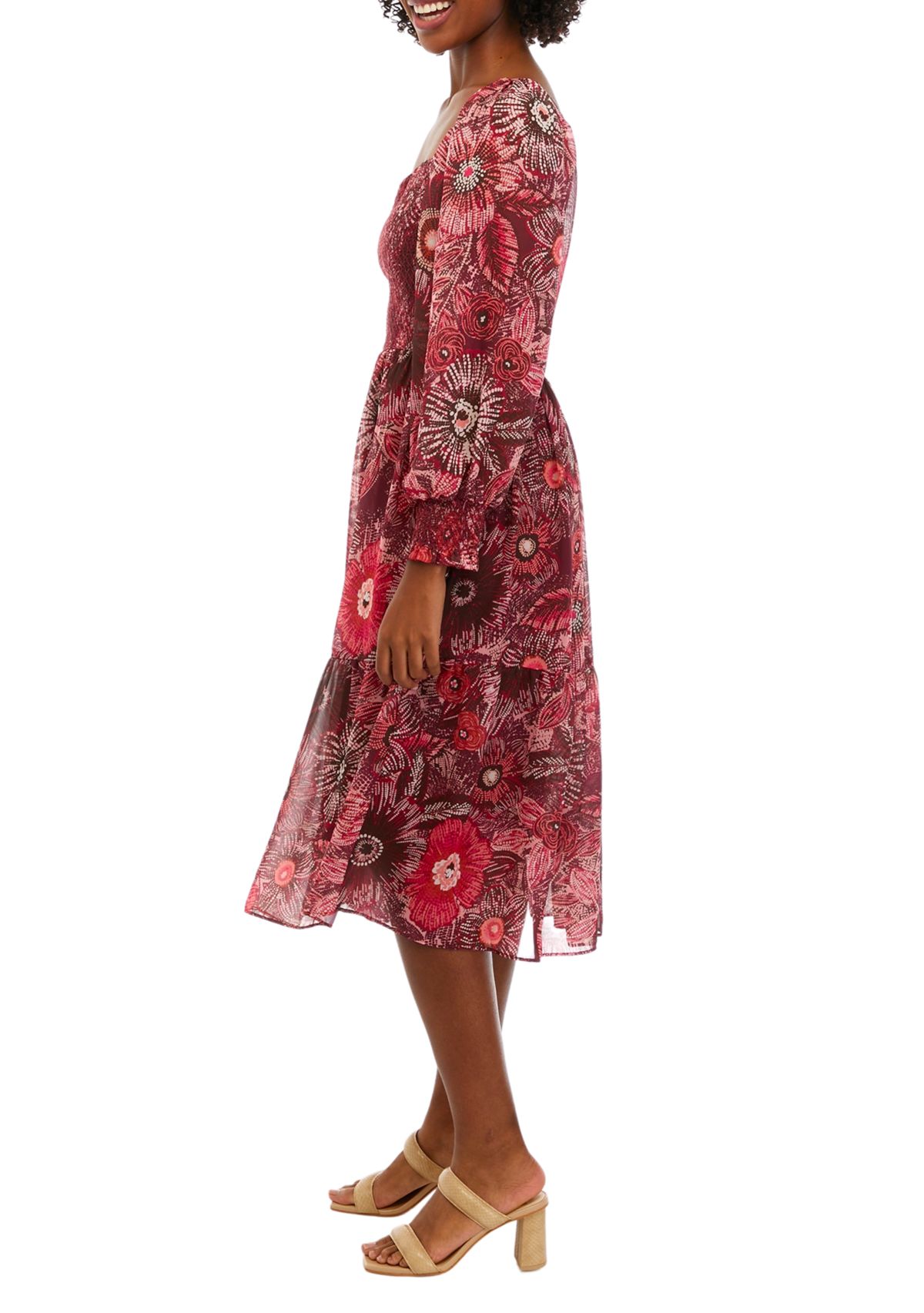 Womens Long Sleeve Square Neck Smocked Floral Print Midi Dress