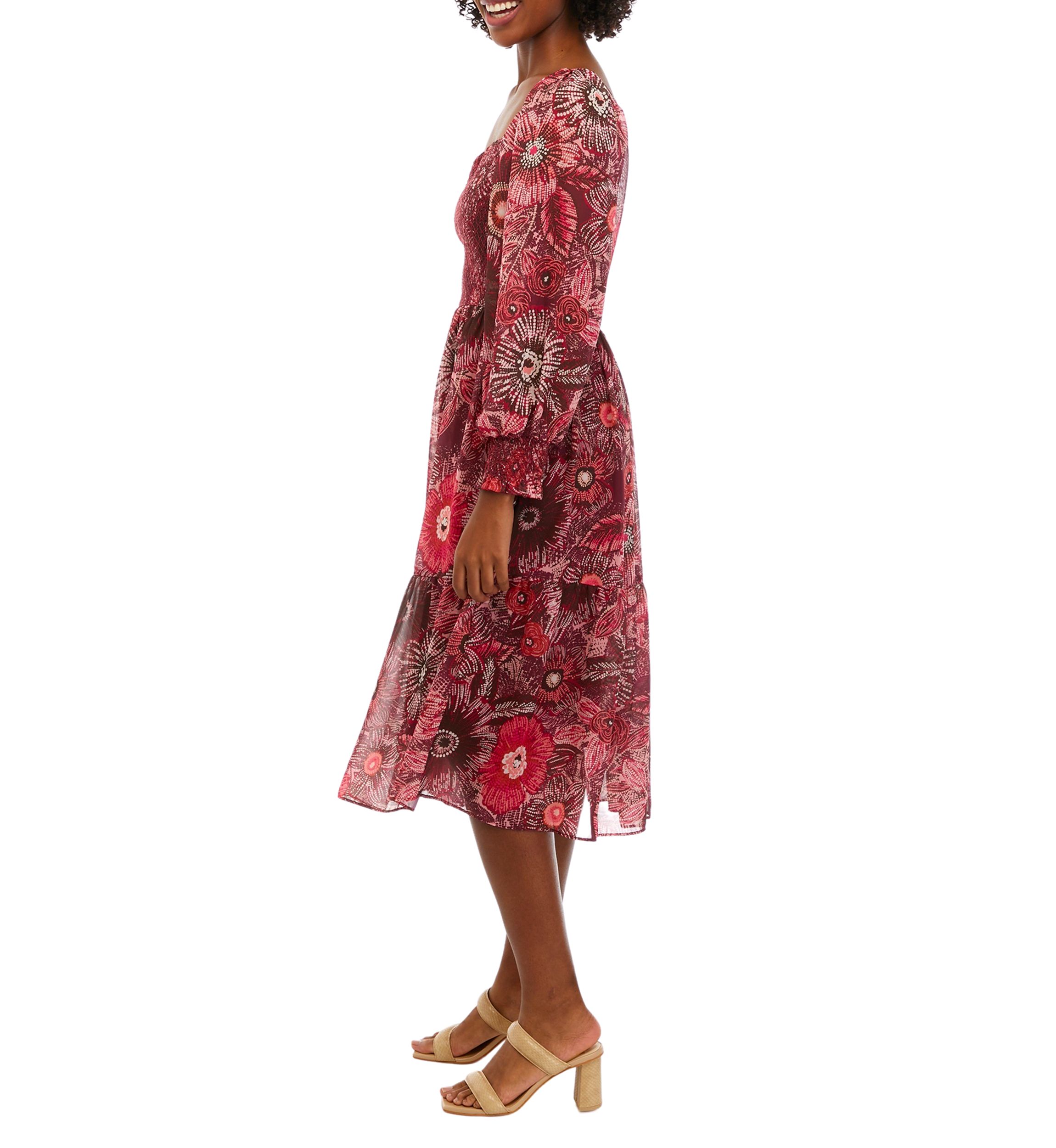 Womens Long Sleeve Square Neck Smocked Floral Print Midi Dress