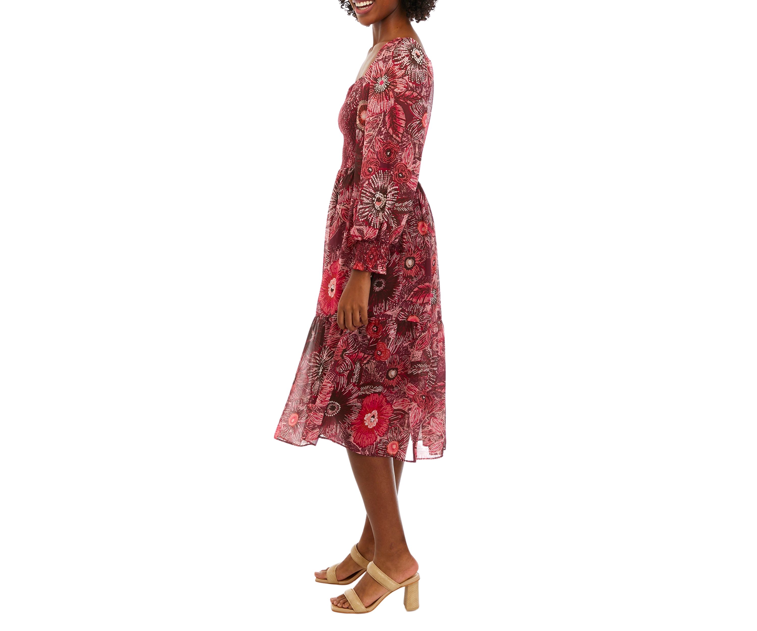 Womens Long Sleeve Square Neck Smocked Floral Print Midi Dress