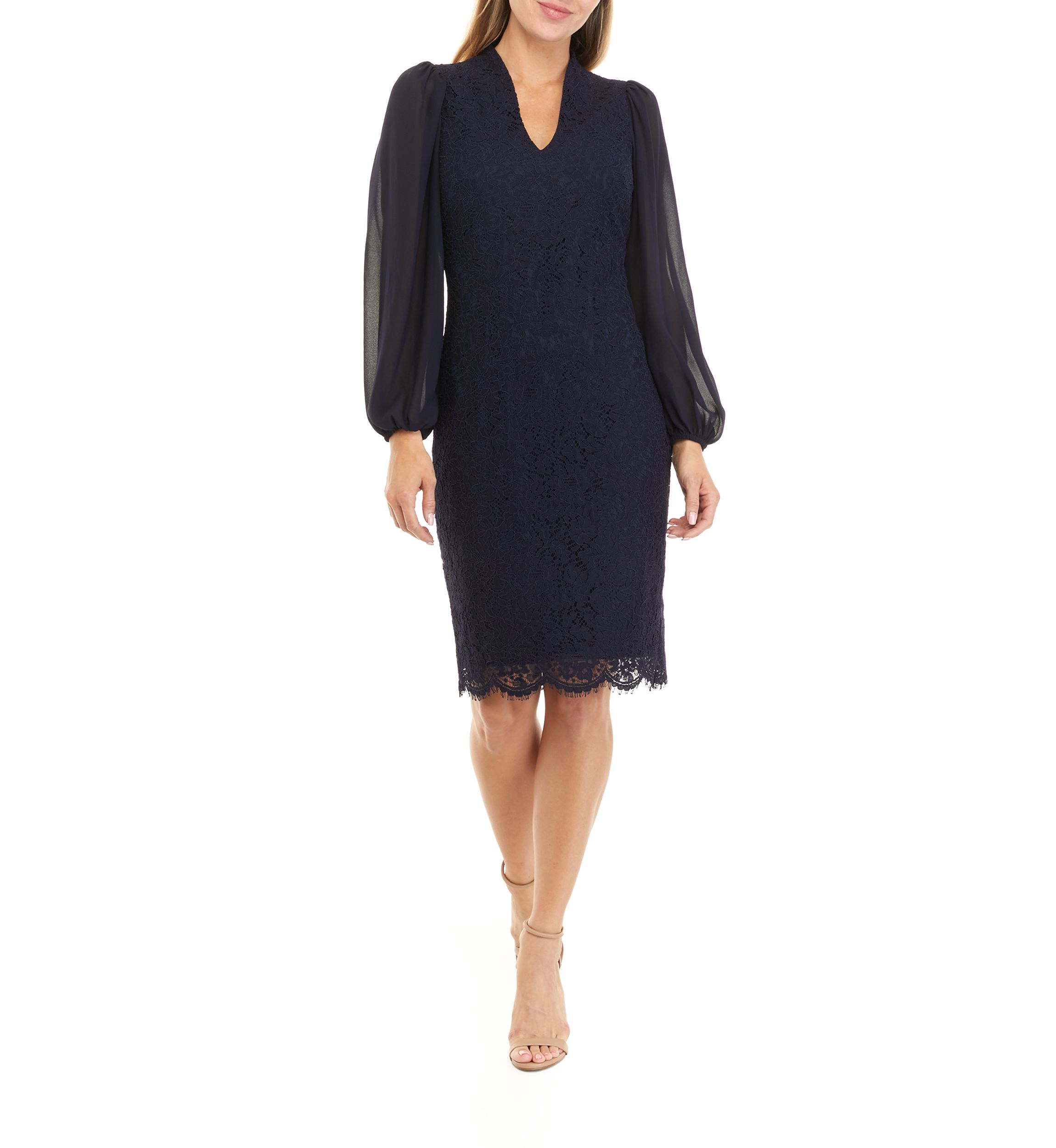 Womens Long Sleeve V-Neck Solid Lace Chiffon Dress