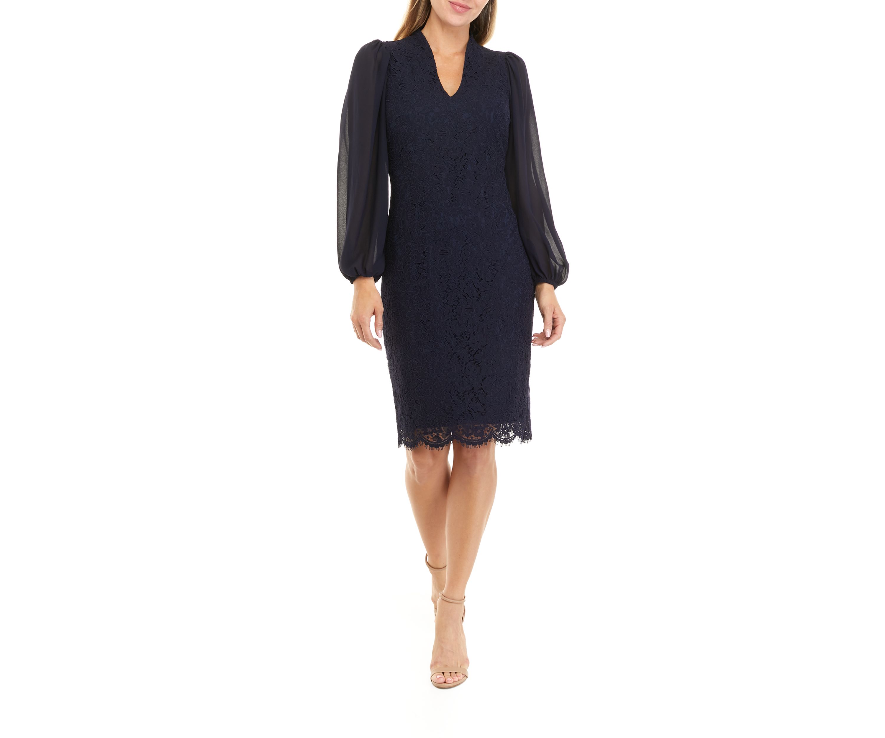 Womens Long Sleeve V-Neck Solid Lace Chiffon Dress