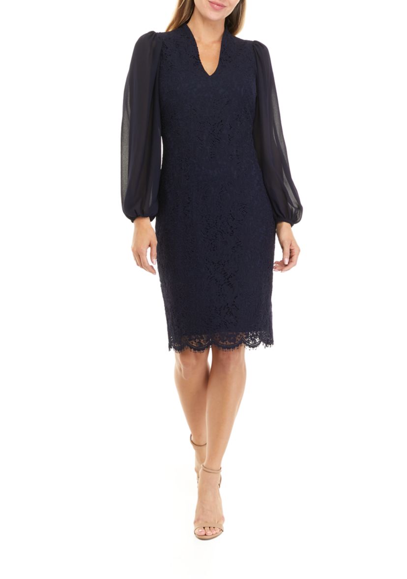 Womens Long Sleeve V-Neck Solid Lace Chiffon Dress