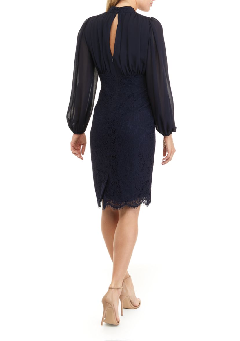 Womens Long Sleeve V-Neck Solid Lace Chiffon Dress