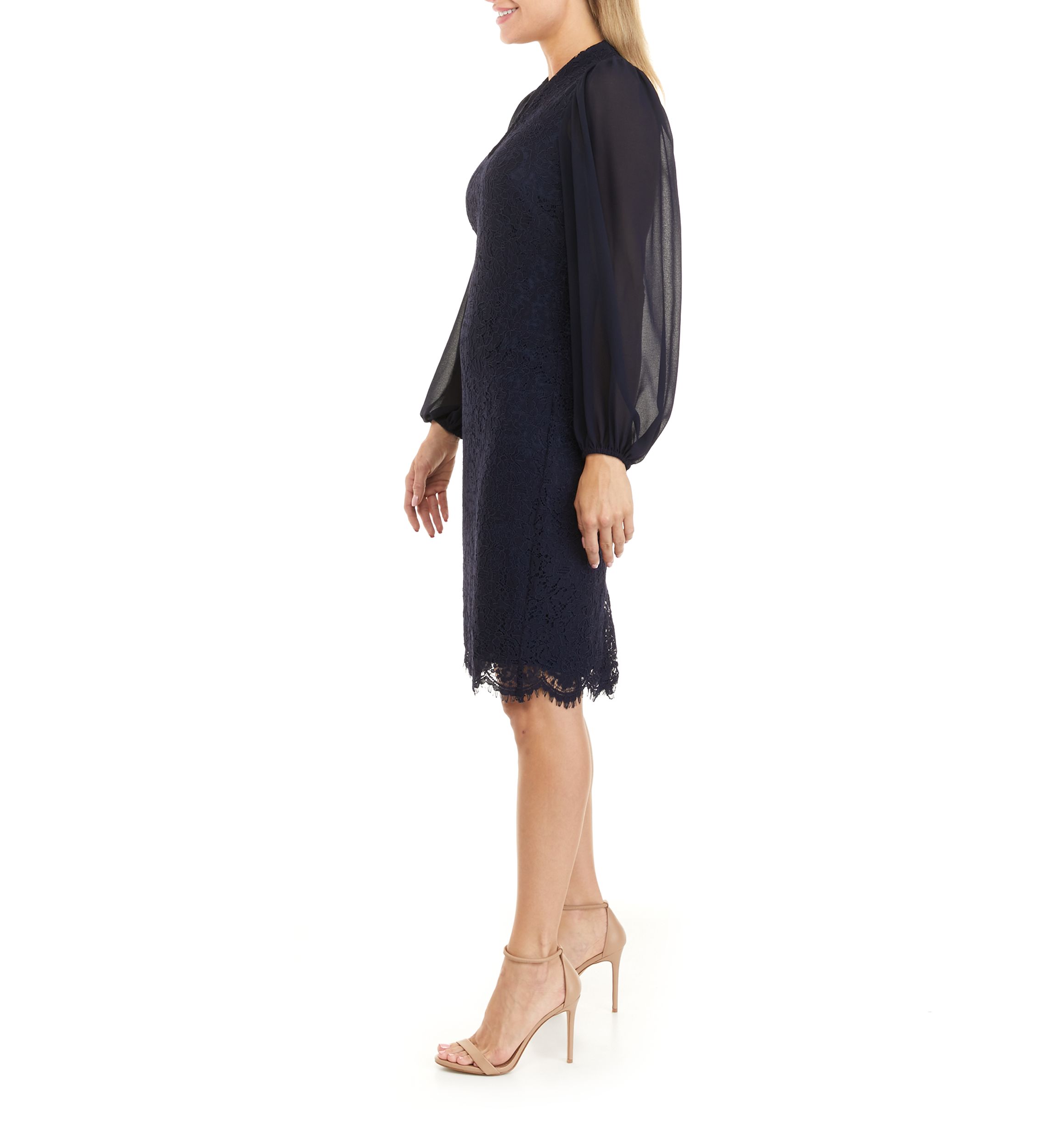 Womens Long Sleeve V-Neck Solid Lace Chiffon Dress