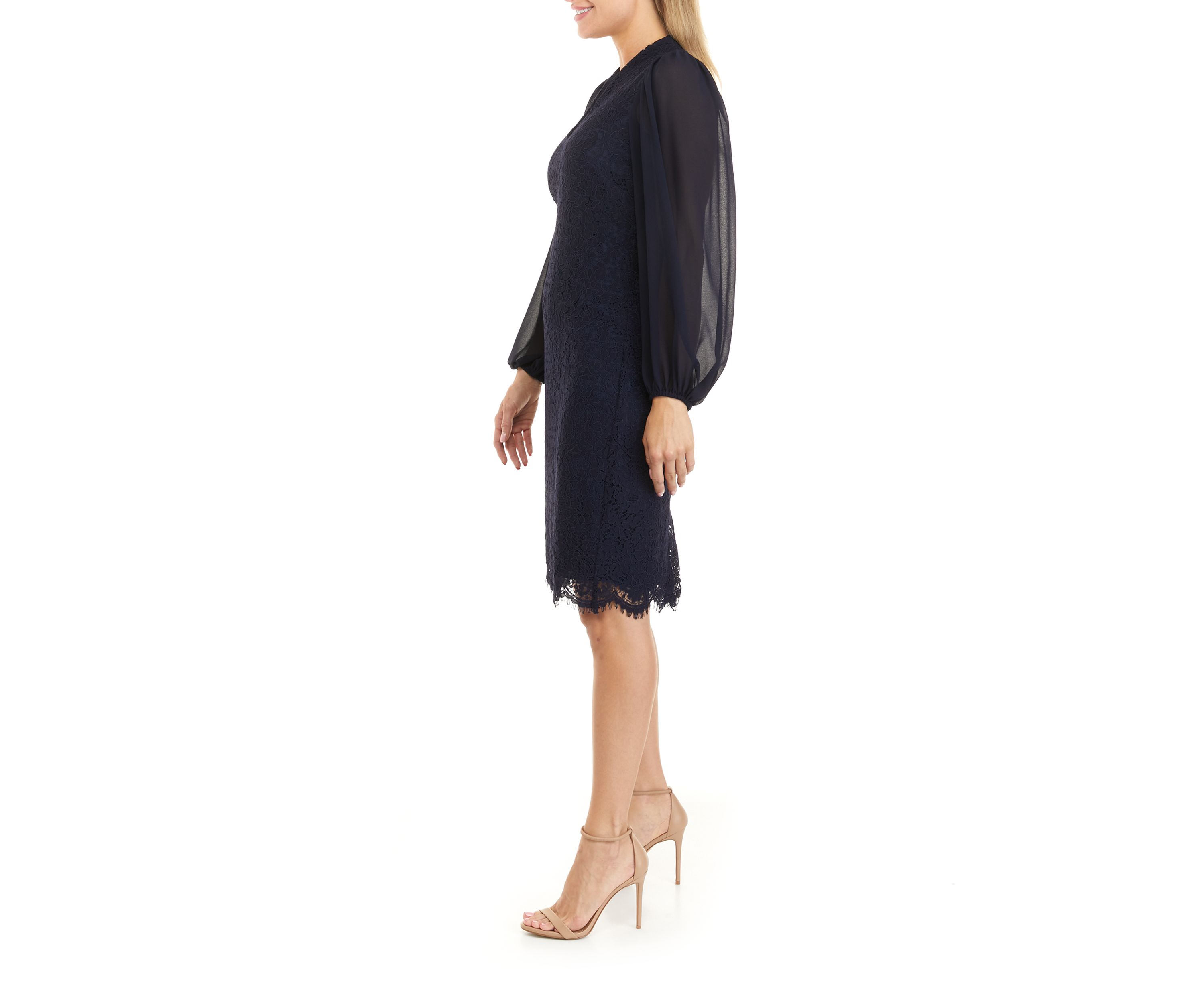 Womens Long Sleeve V-Neck Solid Lace Chiffon Dress