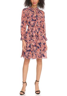 Vince Camuto Women's Long Sleeve Printed Ruffle Neck Dress, Navy Blue, 4