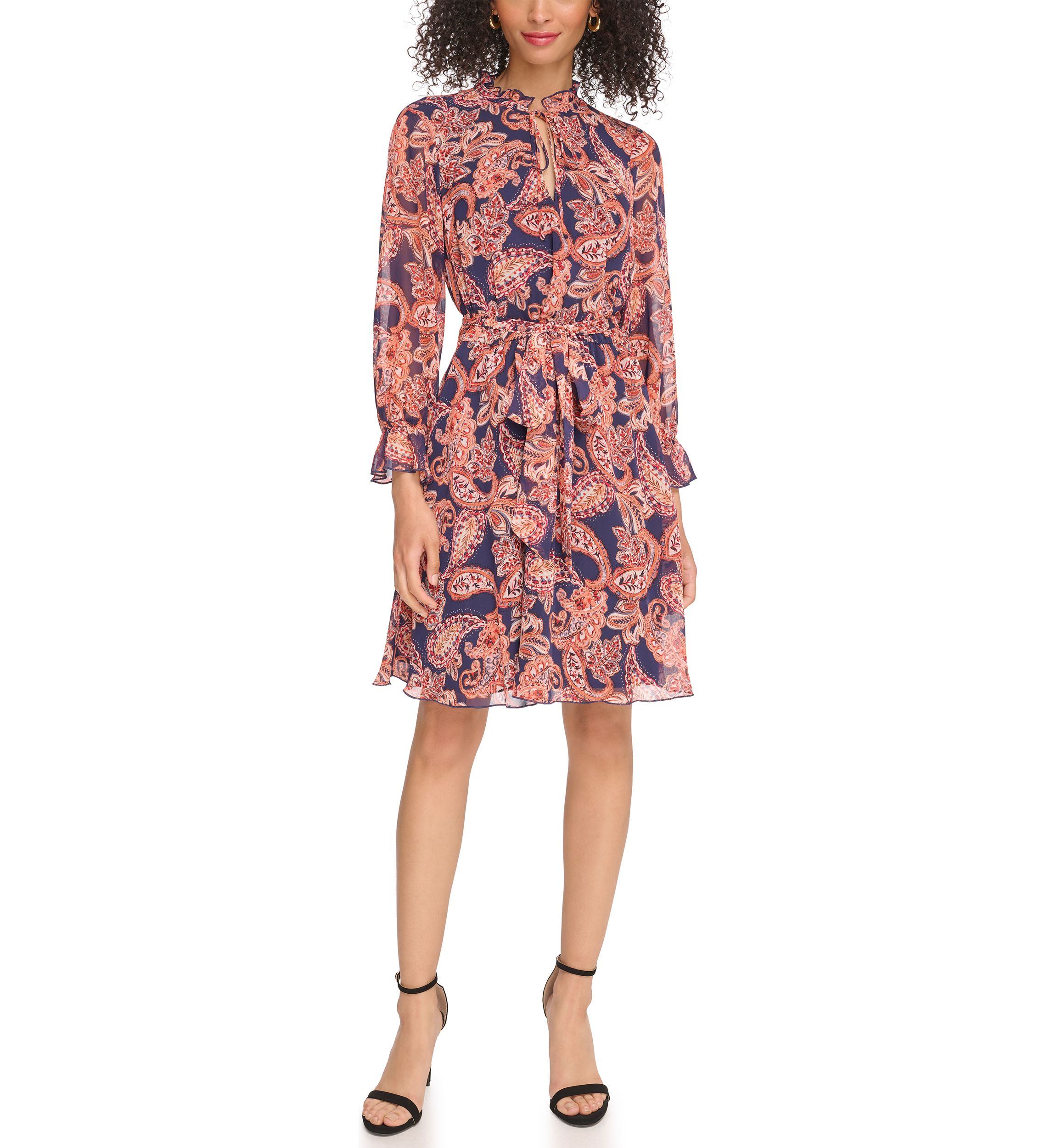 Womens Long Sleeve Printed Ruffle Neck Dress
