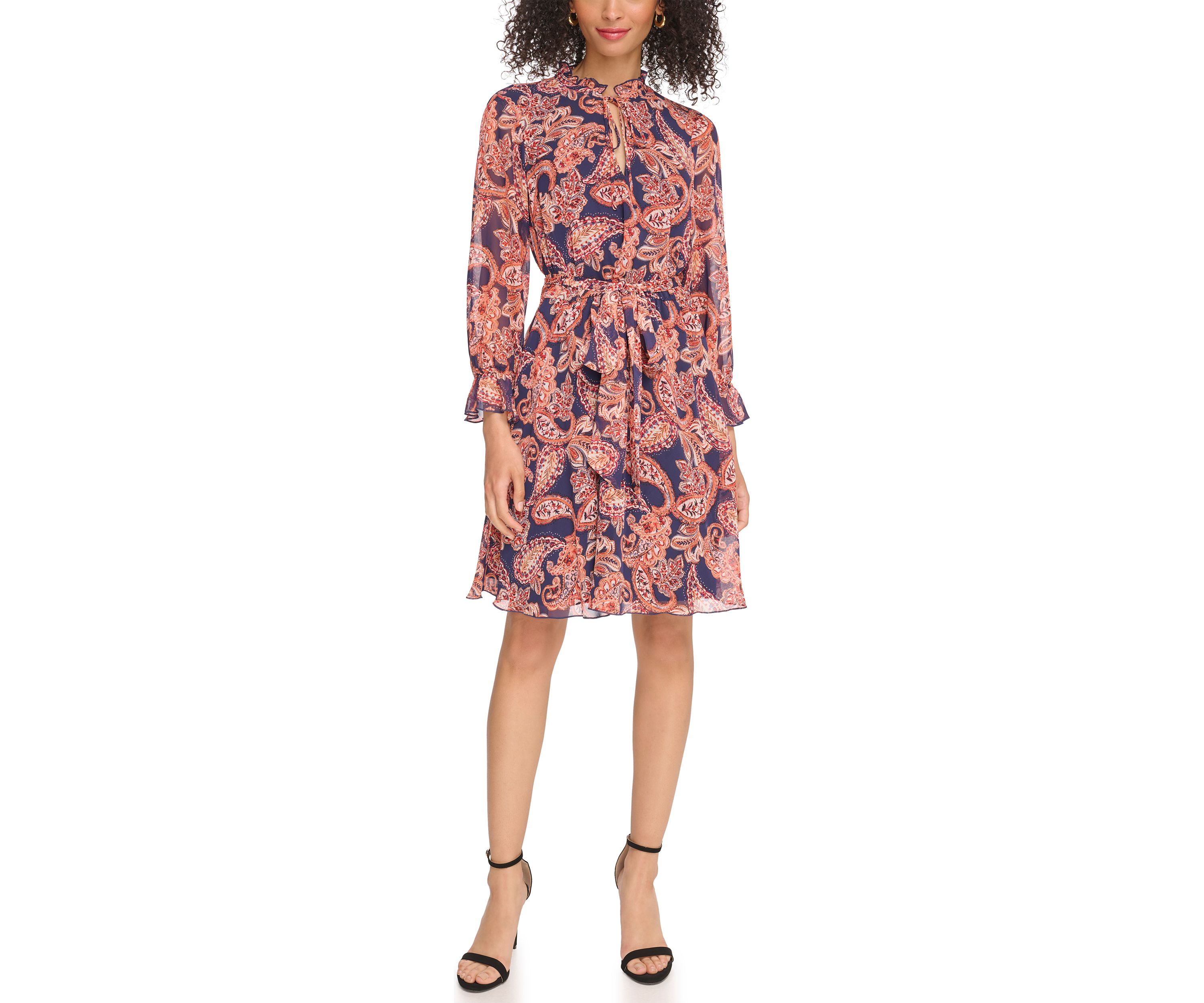 Womens Long Sleeve Printed Ruffle Neck Dress