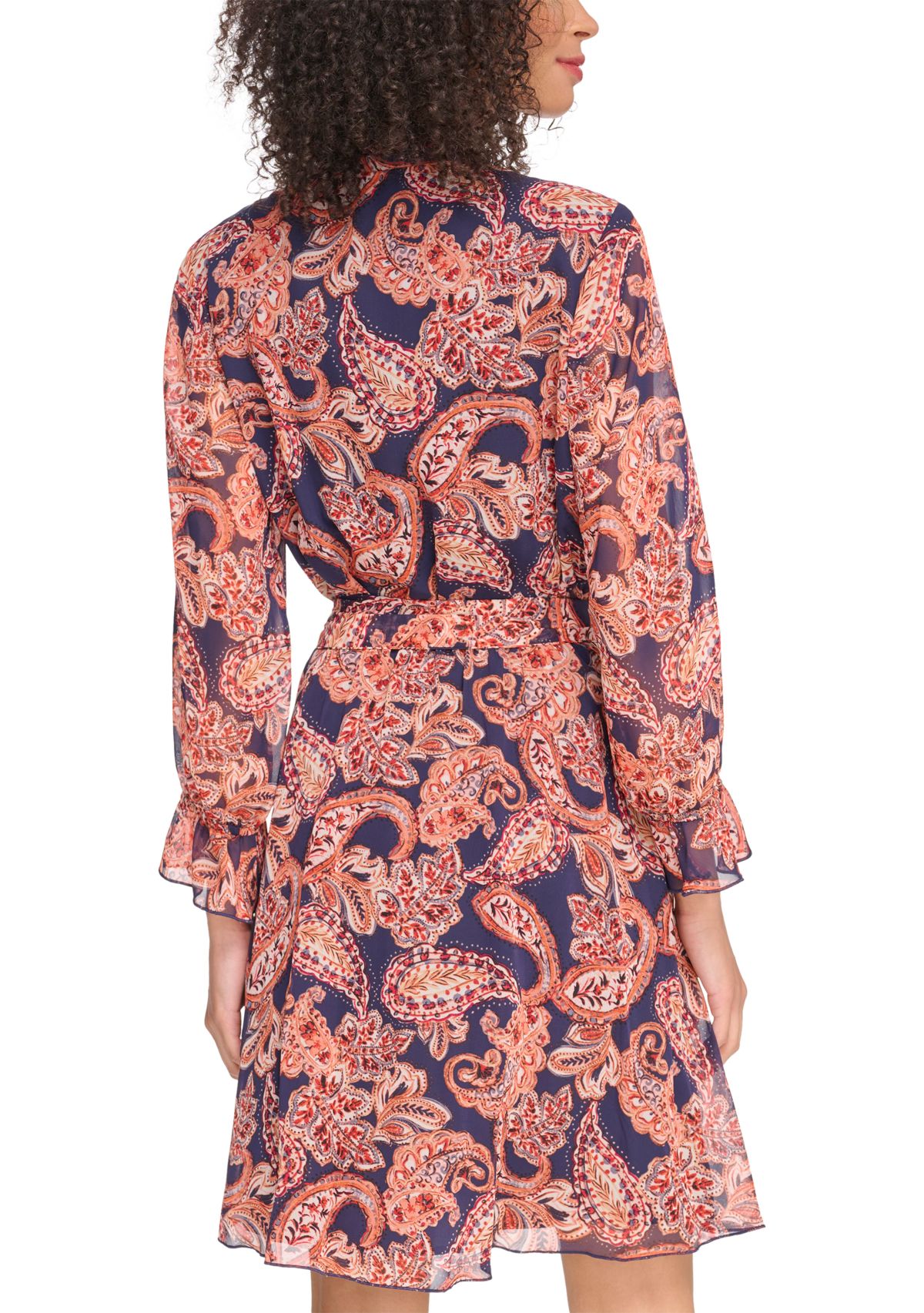 Womens Long Sleeve Printed Ruffle Neck Dress