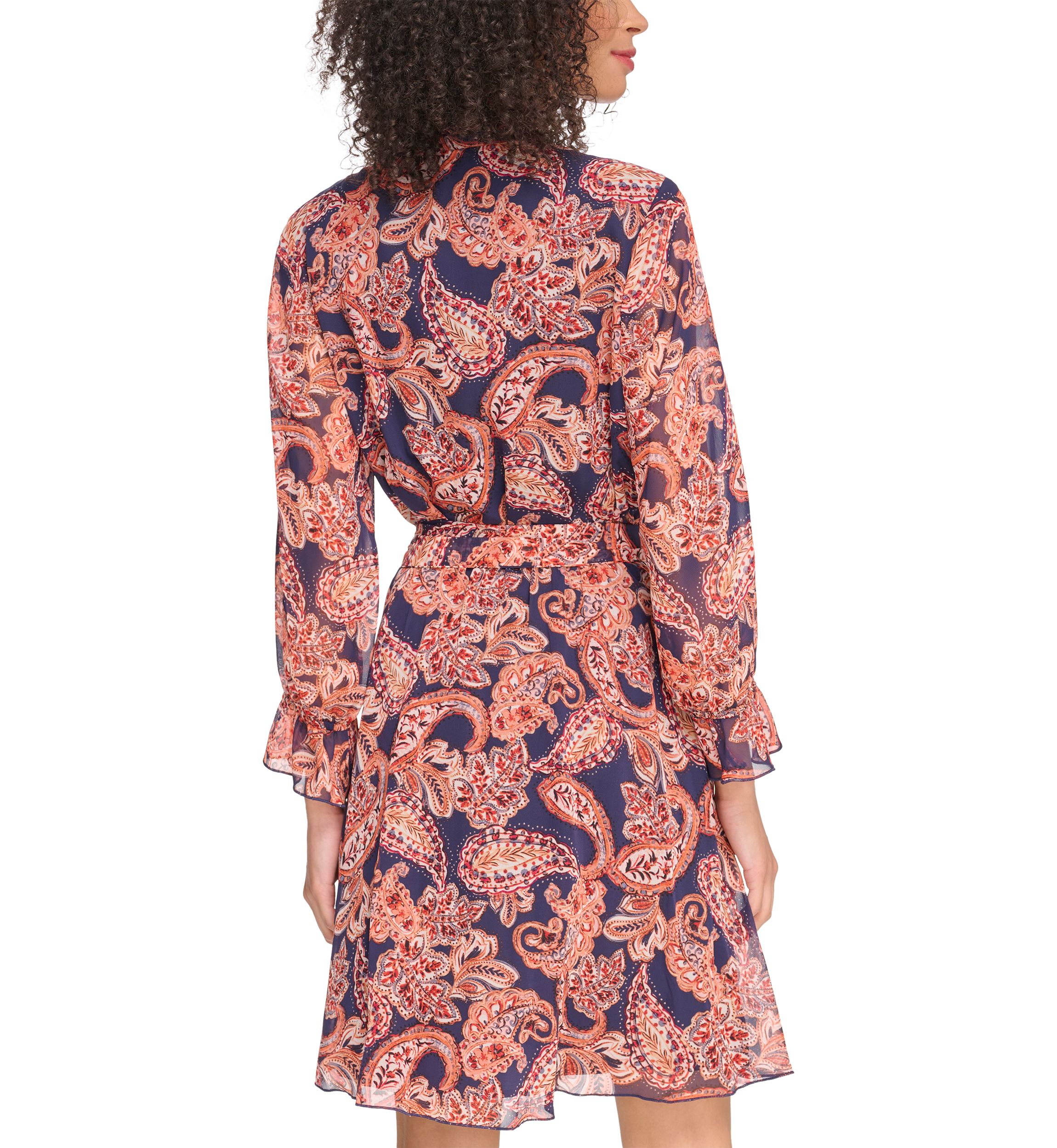 Womens Long Sleeve Printed Ruffle Neck Dress