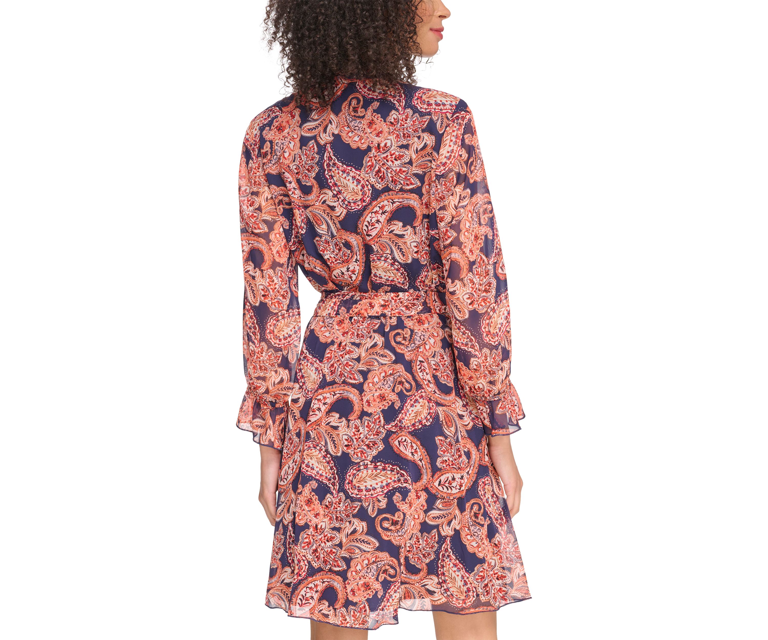 Womens Long Sleeve Printed Ruffle Neck Dress