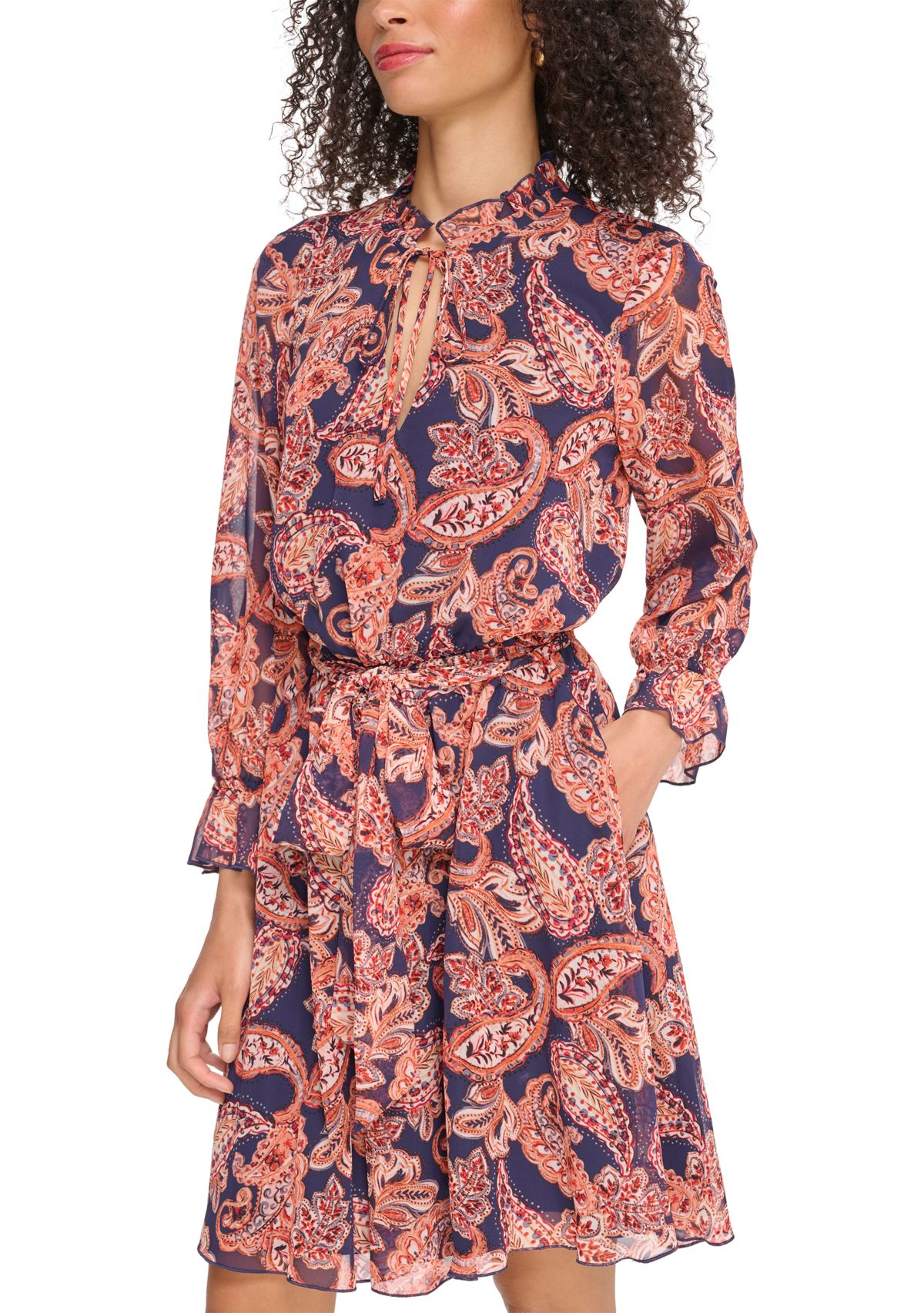 Womens Long Sleeve Printed Ruffle Neck Dress
