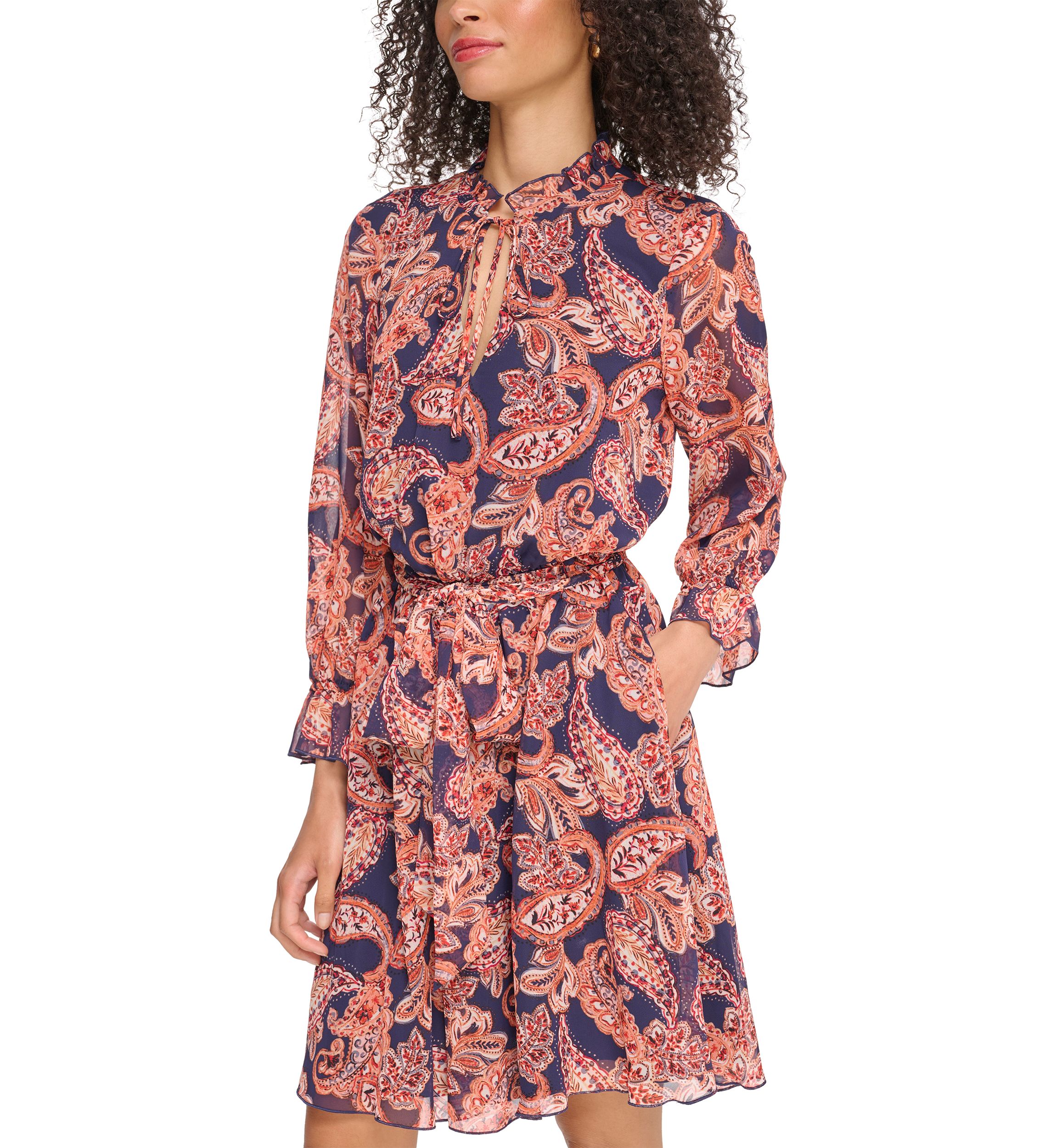 Womens Long Sleeve Printed Ruffle Neck Dress