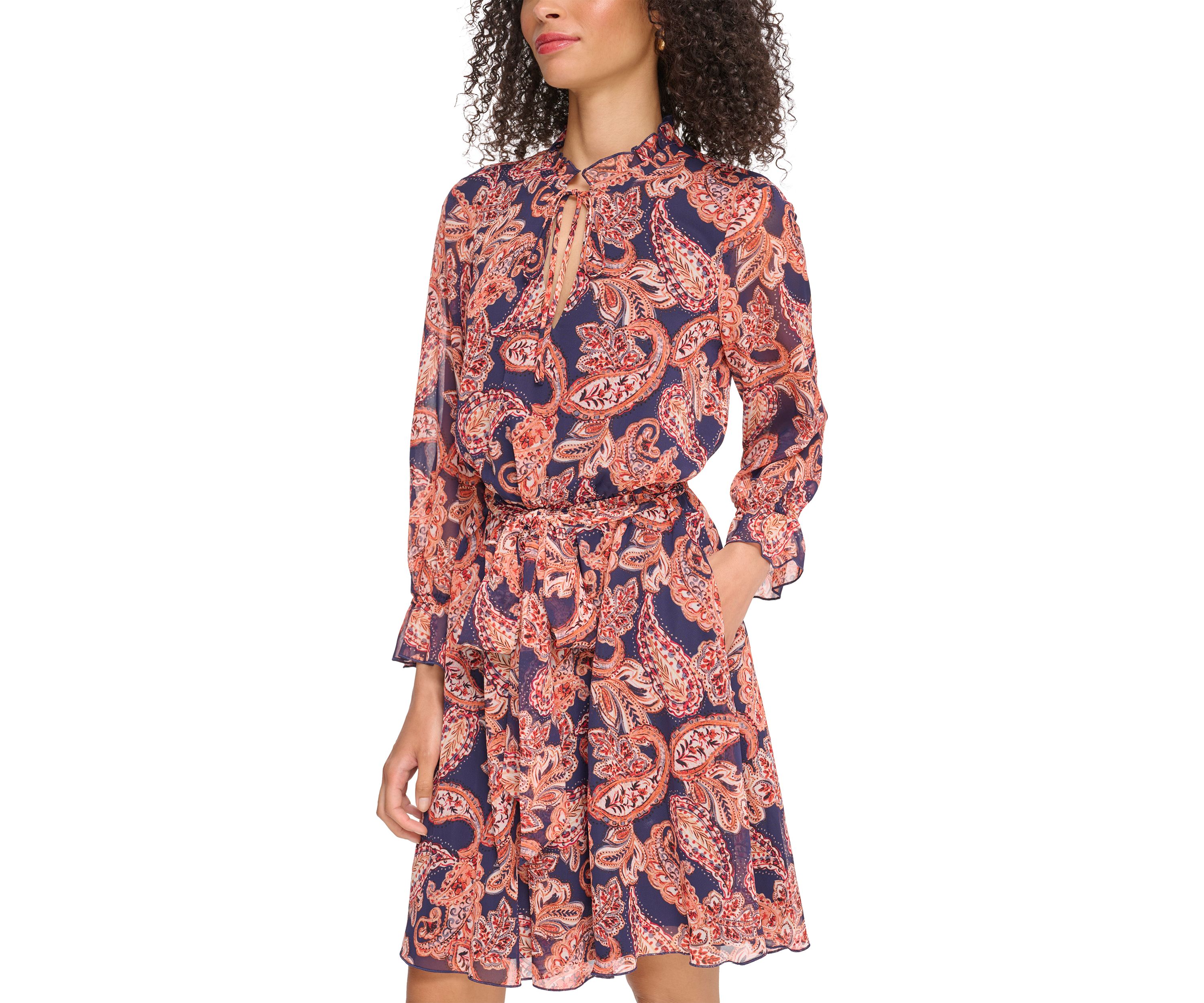 Womens Long Sleeve Printed Ruffle Neck Dress