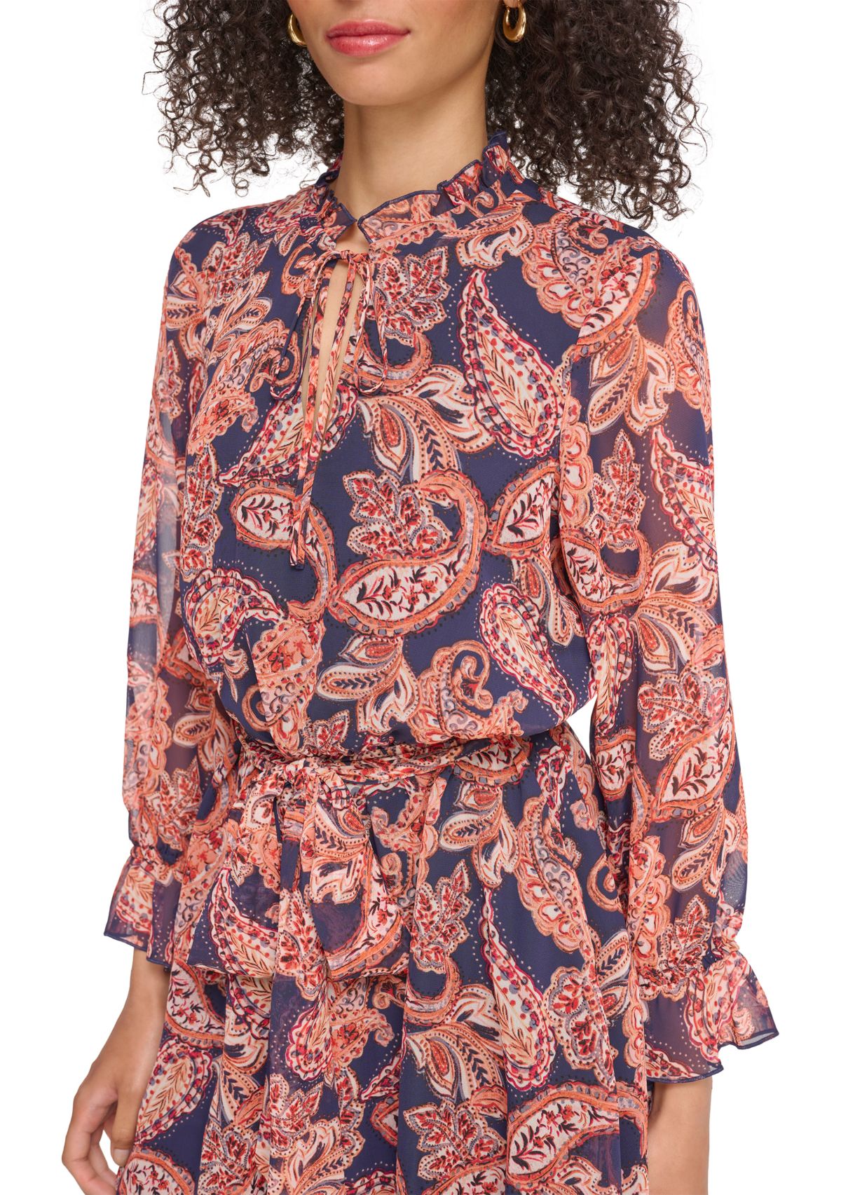 Womens Long Sleeve Printed Ruffle Neck Dress