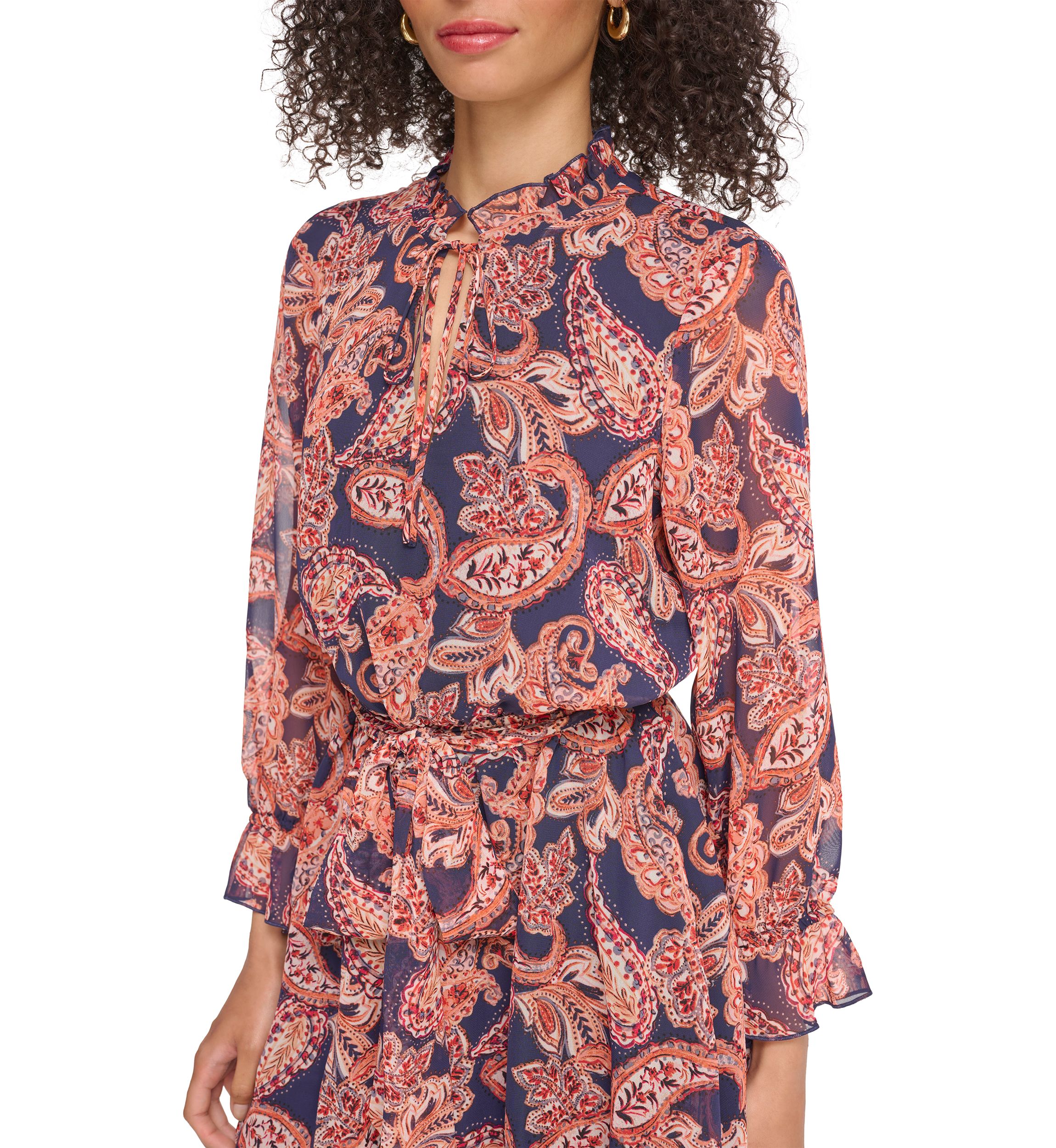 Womens Long Sleeve Printed Ruffle Neck Dress
