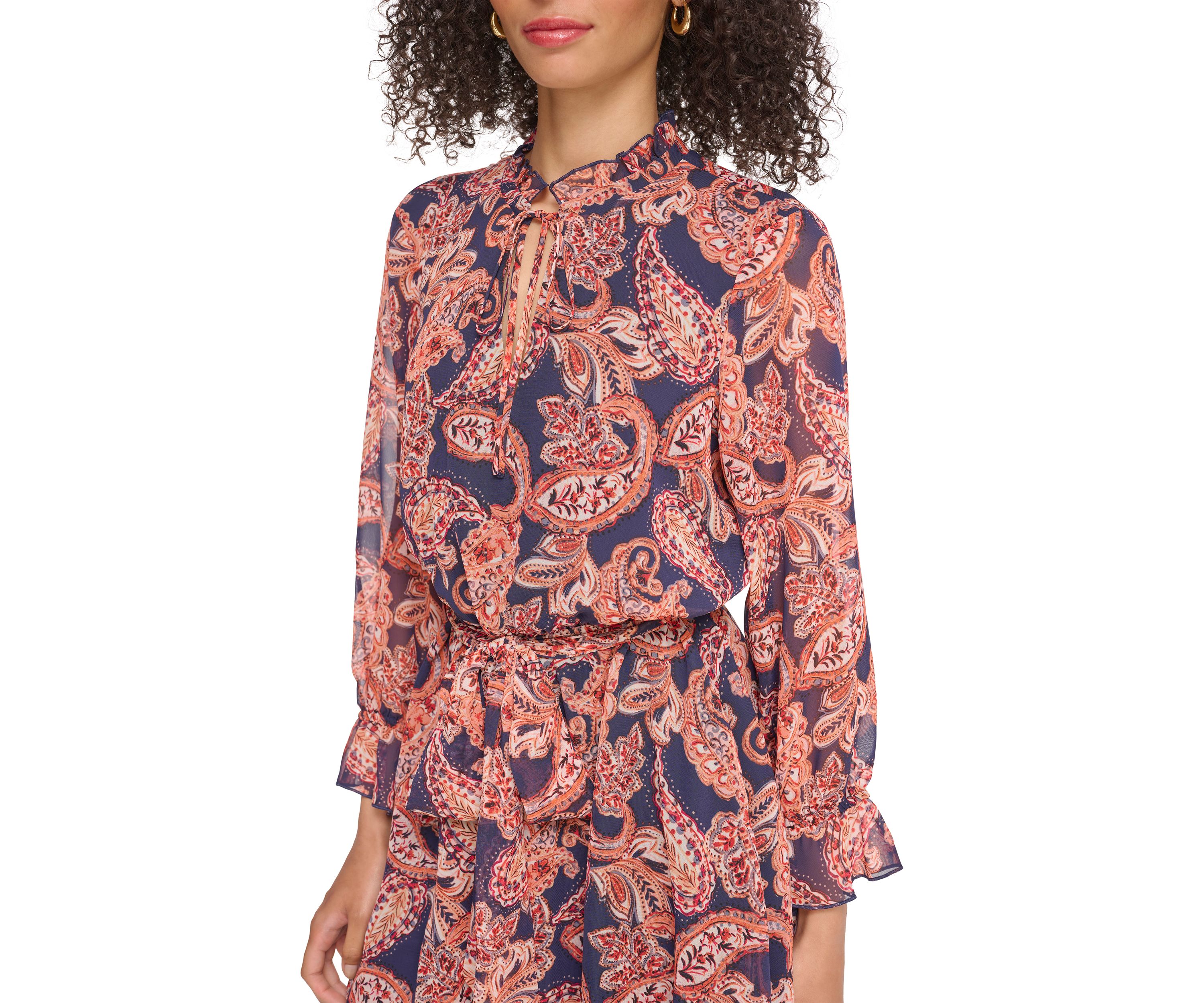 Womens Long Sleeve Printed Ruffle Neck Dress