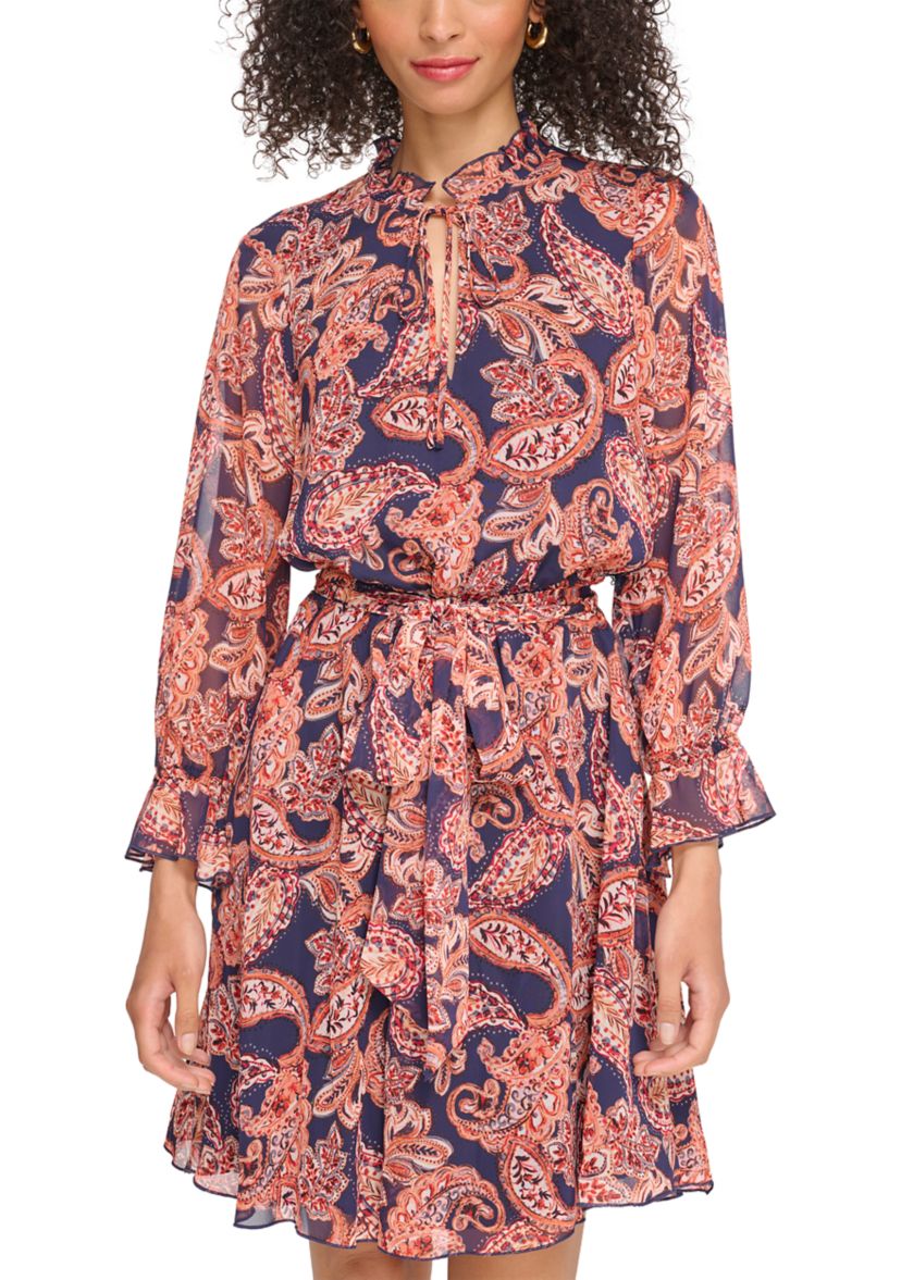 Womens Long Sleeve Printed Ruffle Neck Dress