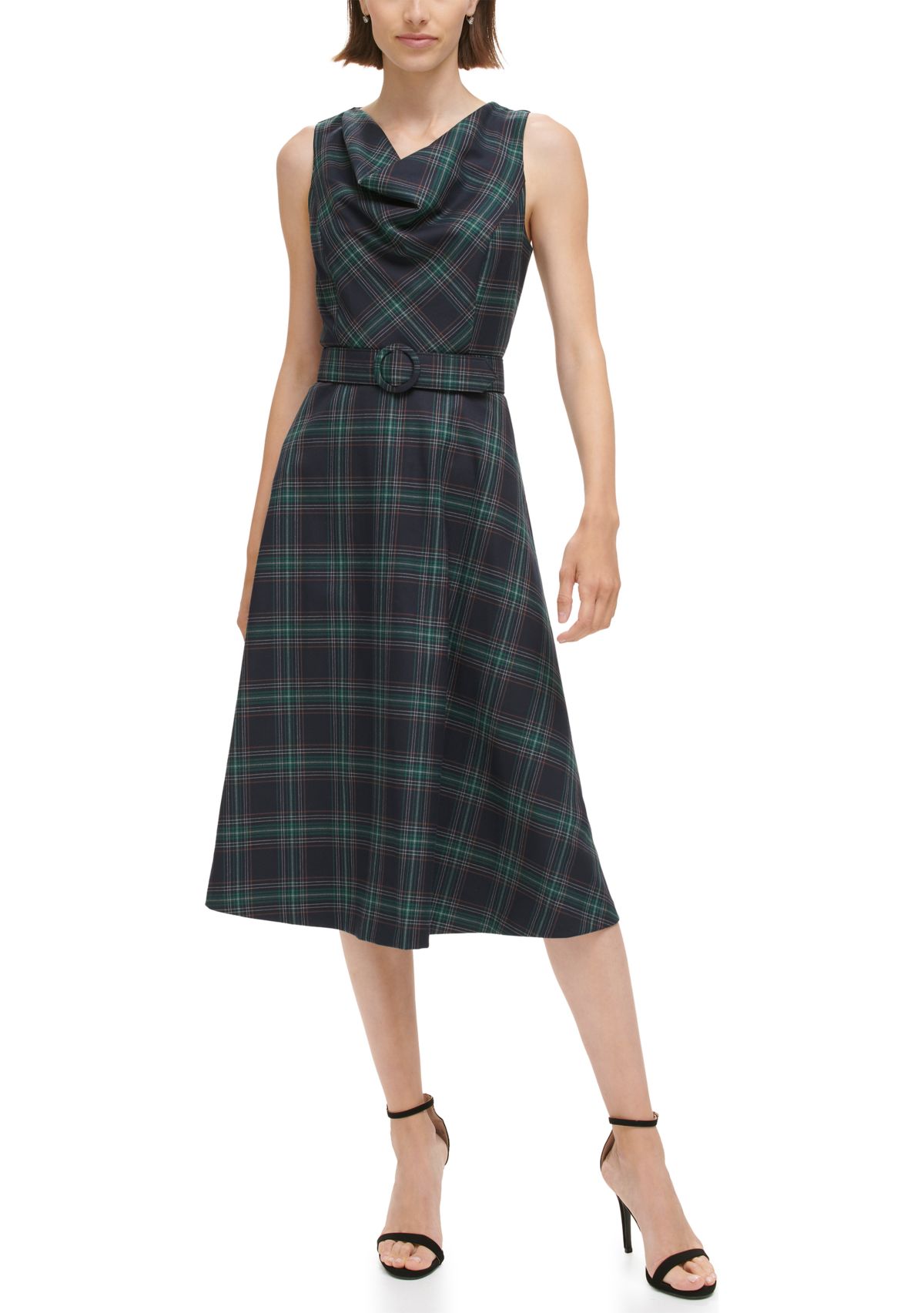 Womens Sleeveless Cowl Neck Plaid Dress