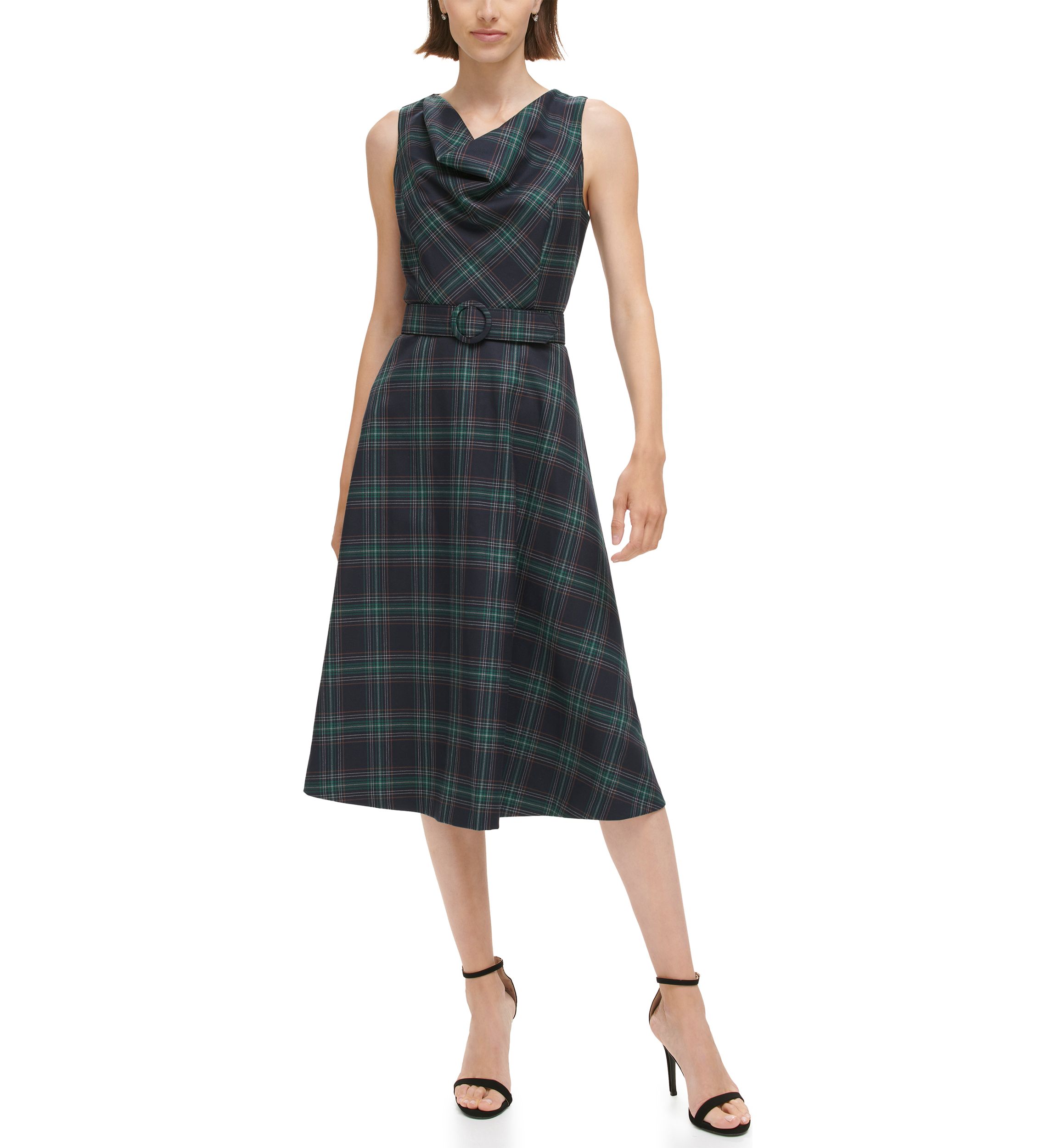 Womens Sleeveless Cowl Neck Plaid Dress