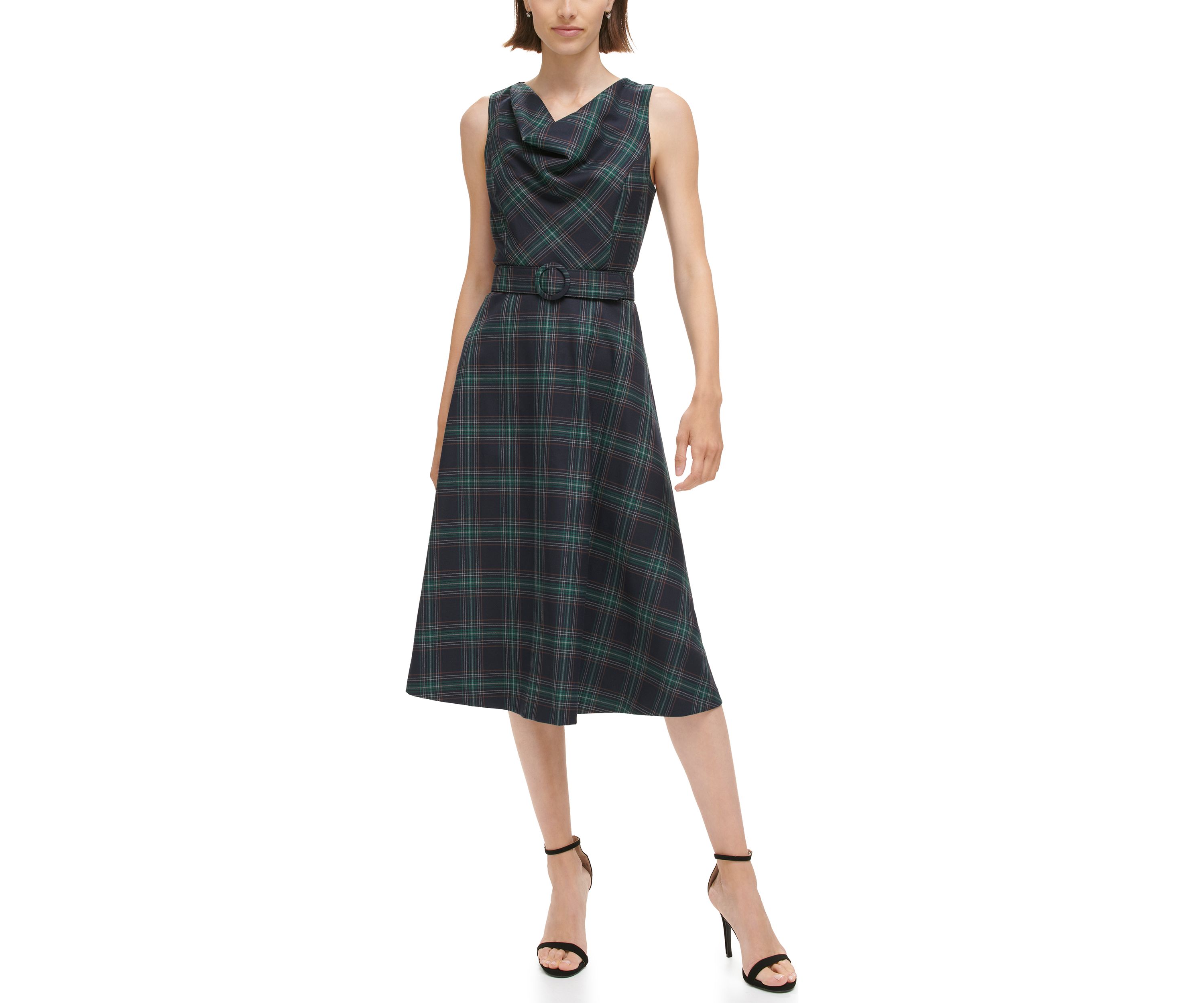 Womens Sleeveless Cowl Neck Plaid Dress