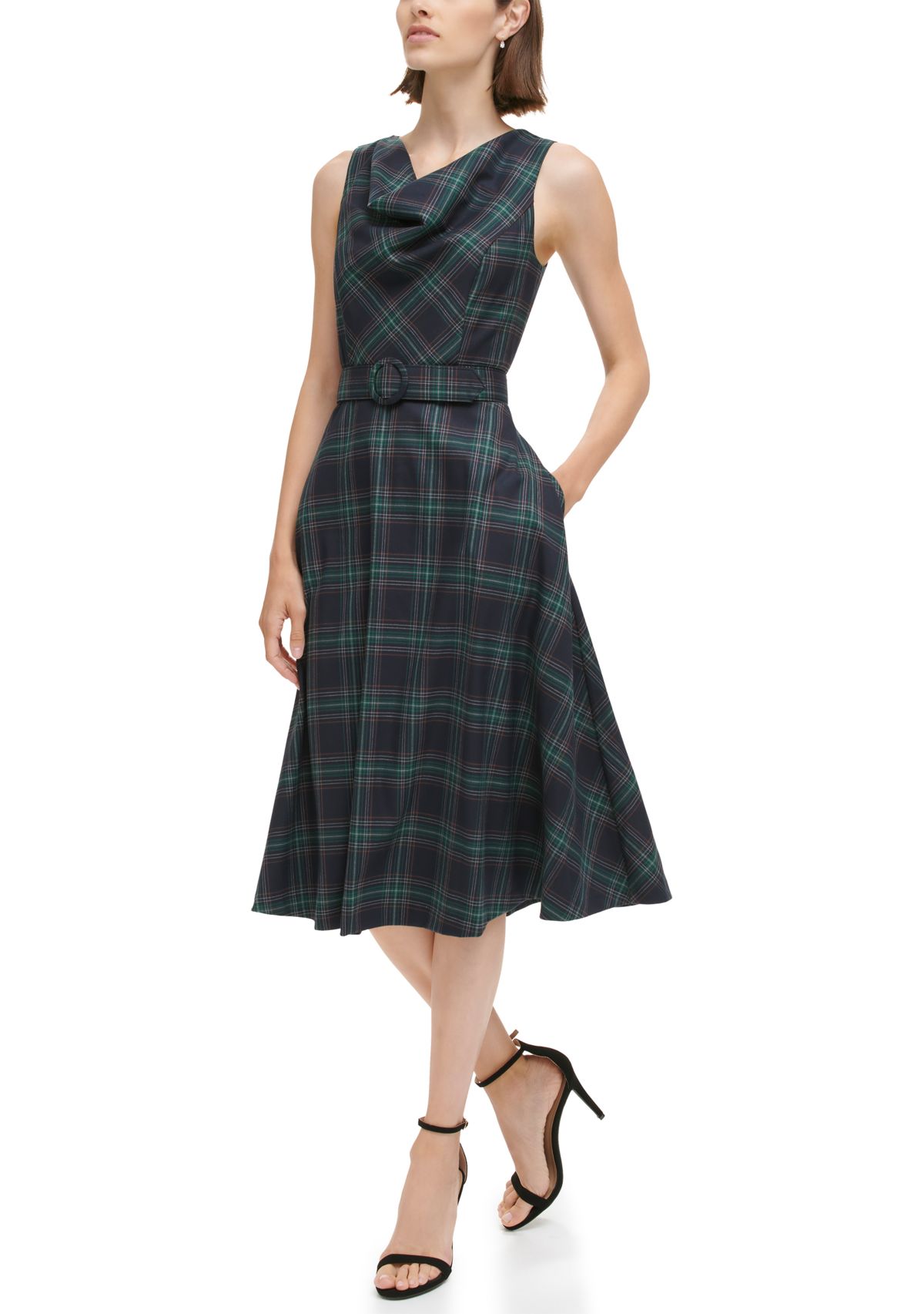 Womens Sleeveless Cowl Neck Plaid Dress