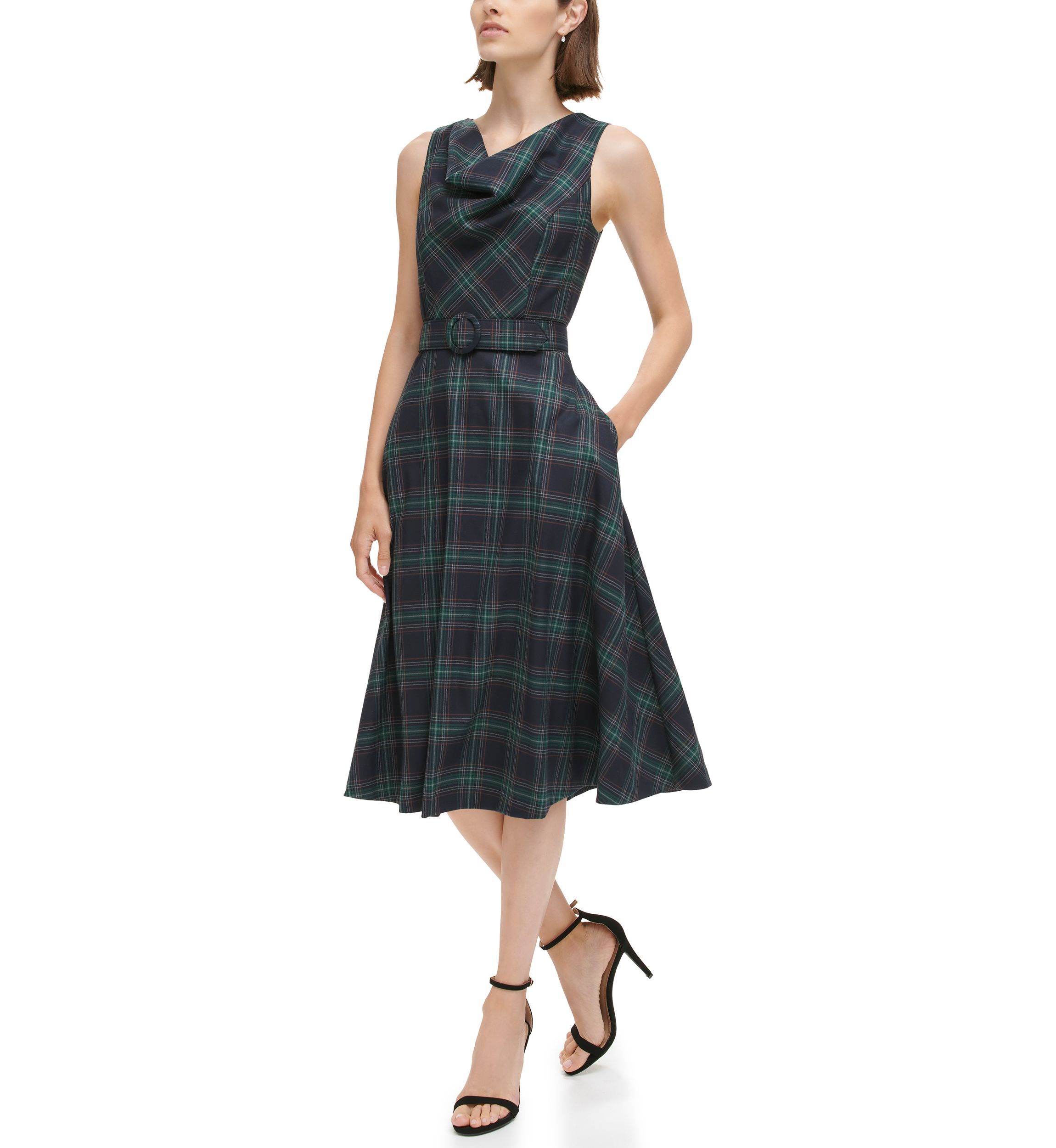 Womens Sleeveless Cowl Neck Plaid Dress