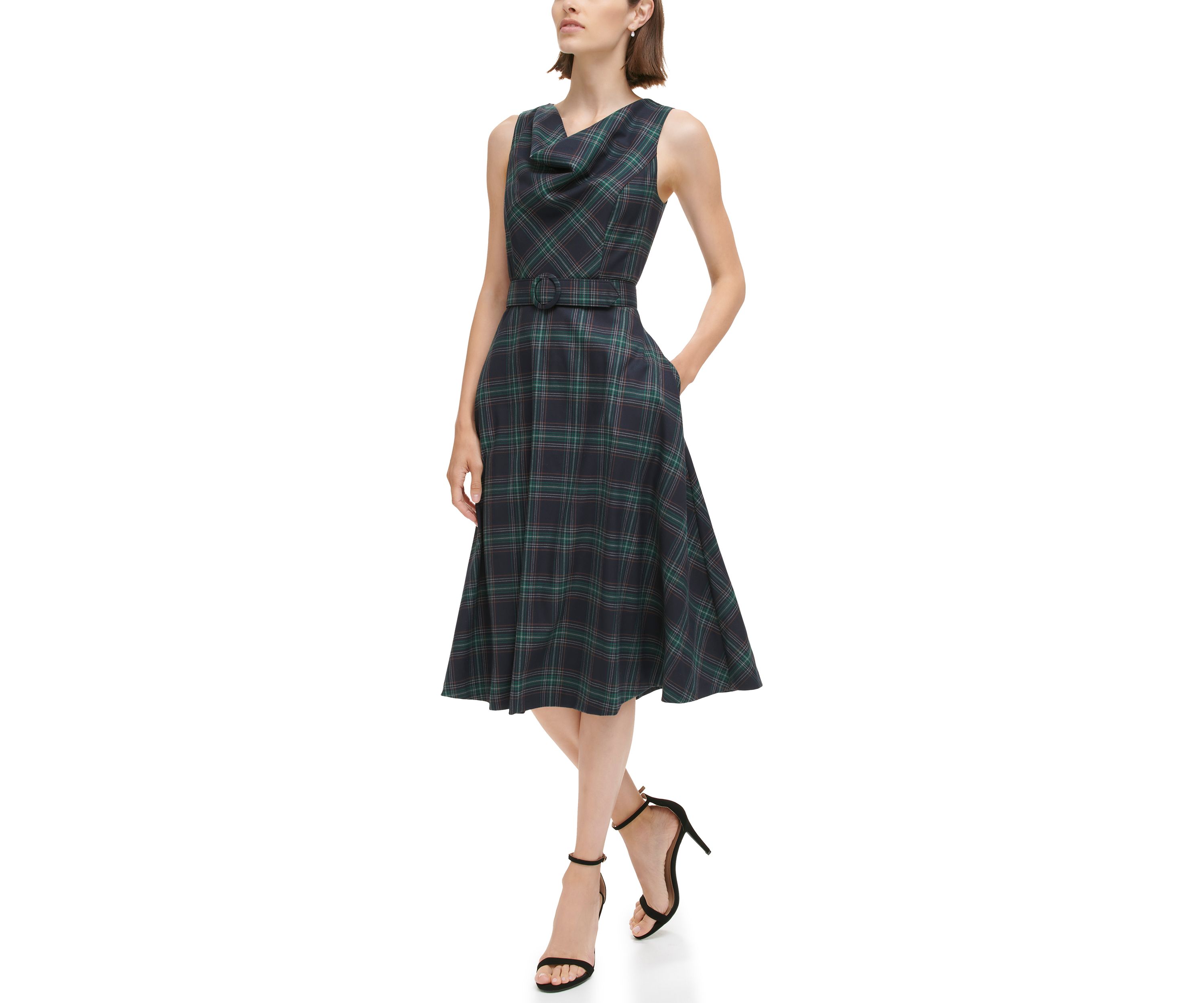 Womens Sleeveless Cowl Neck Plaid Dress