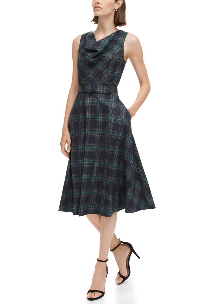 Womens Sleeveless Cowl Neck Plaid Dress