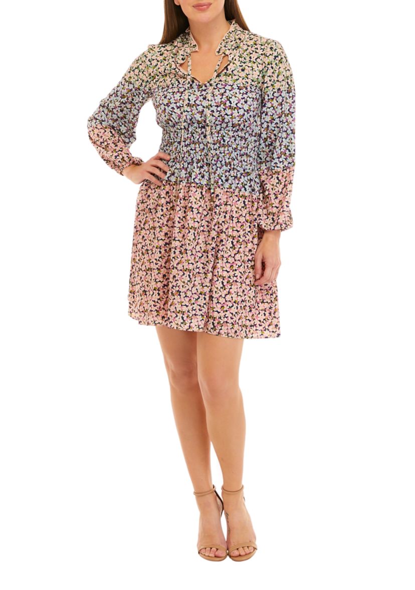 Womens Long Sleeve Ombré Printed Fit and Flare Dress