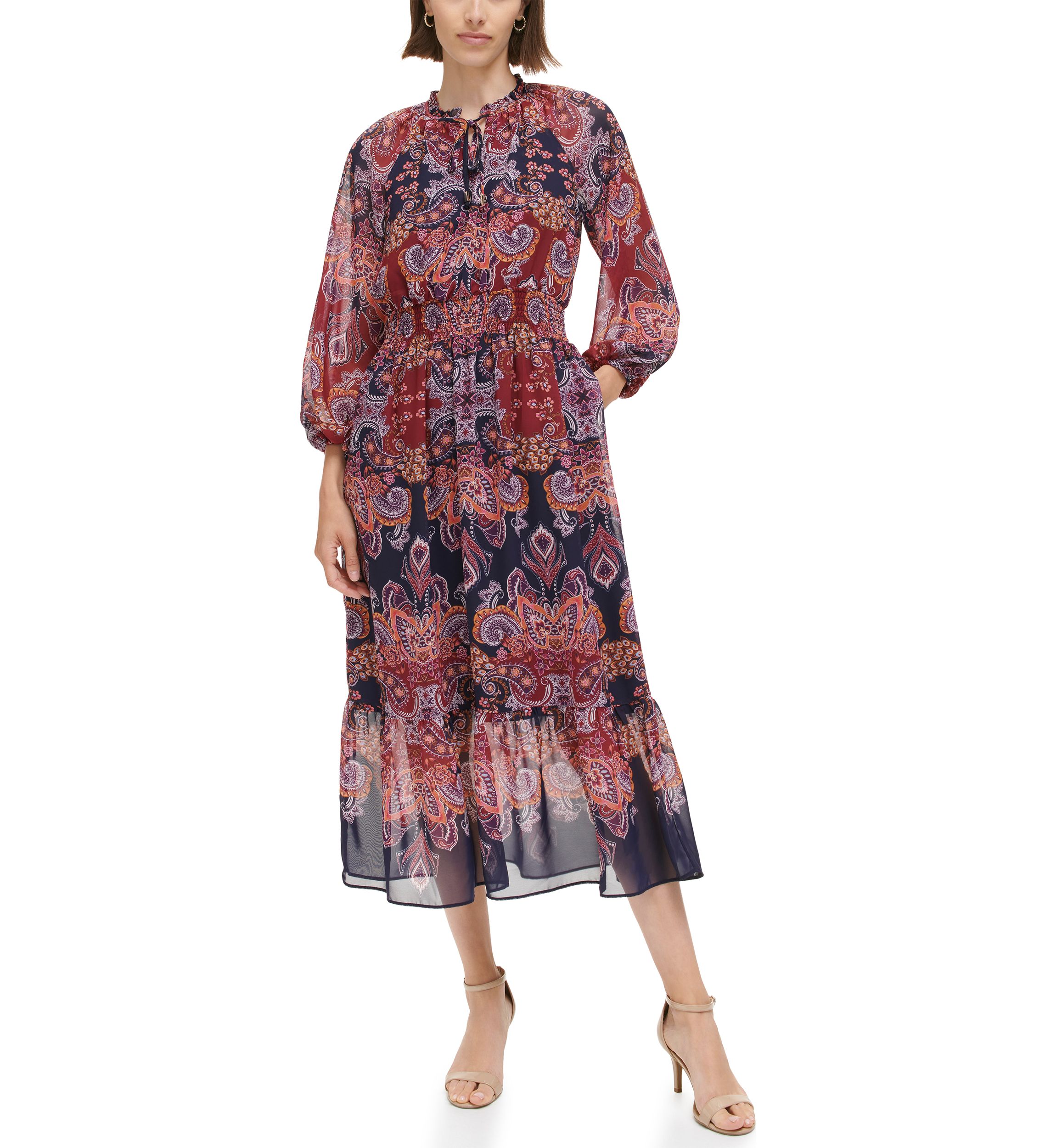 Womens Balloon Sleeve Printed Chiffon Midi Dress