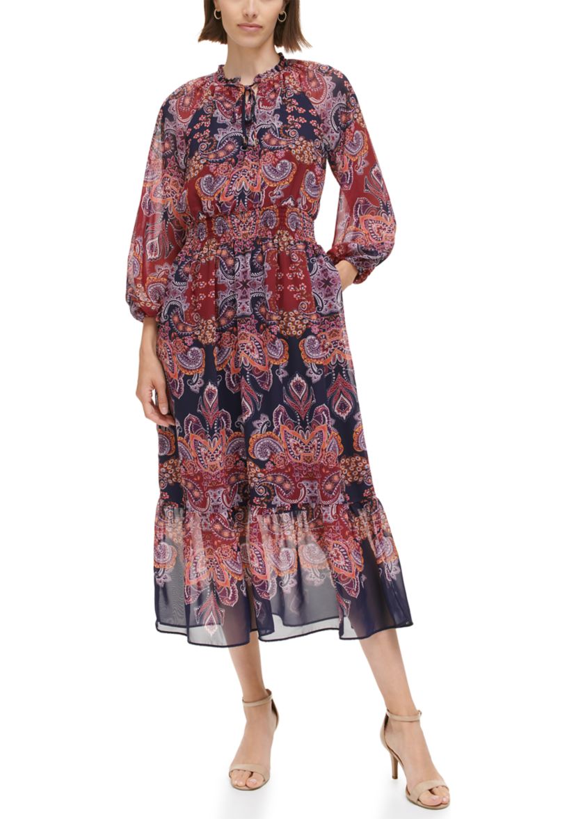 Womens Balloon Sleeve Printed Chiffon Midi Dress