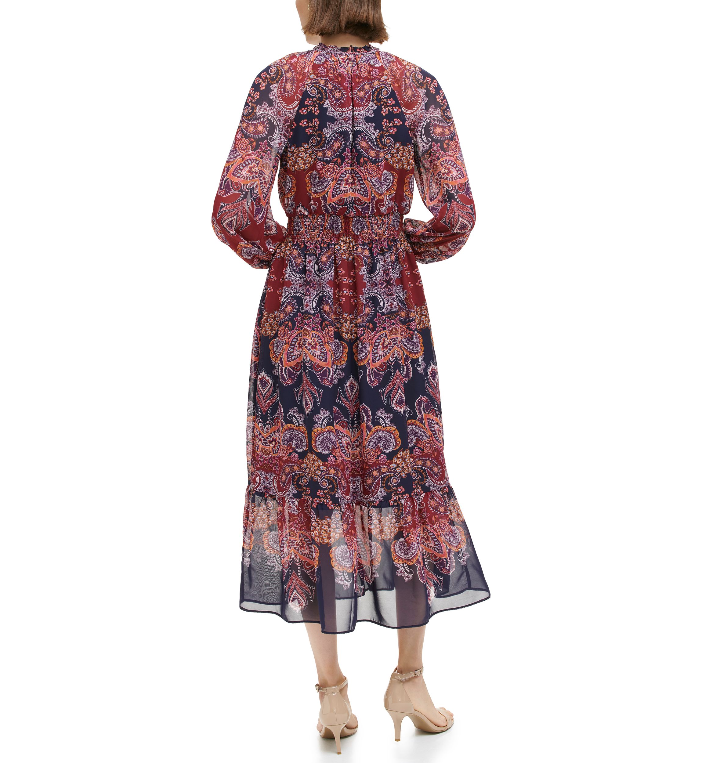 Womens Balloon Sleeve Printed Chiffon Midi Dress