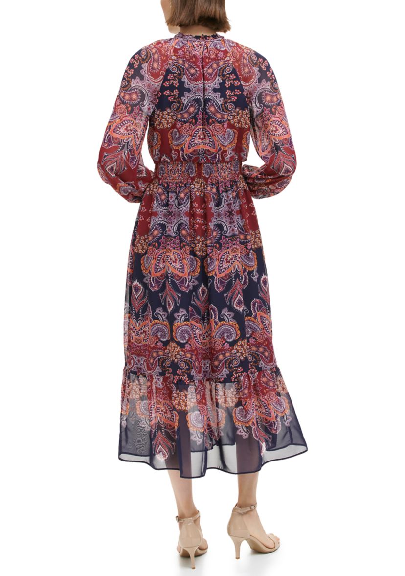 Womens Balloon Sleeve Printed Chiffon Midi Dress