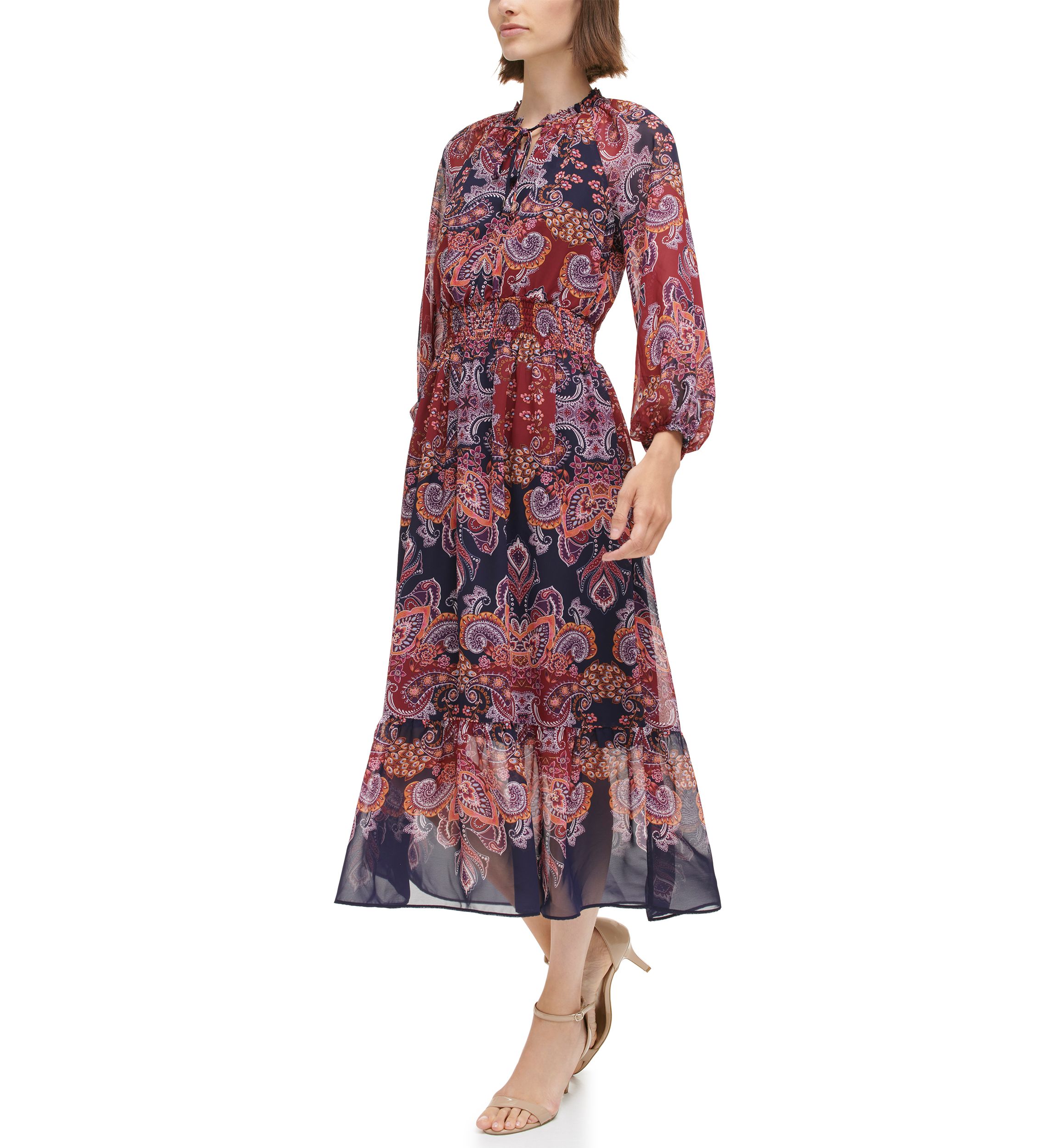 Womens Balloon Sleeve Printed Chiffon Midi Dress