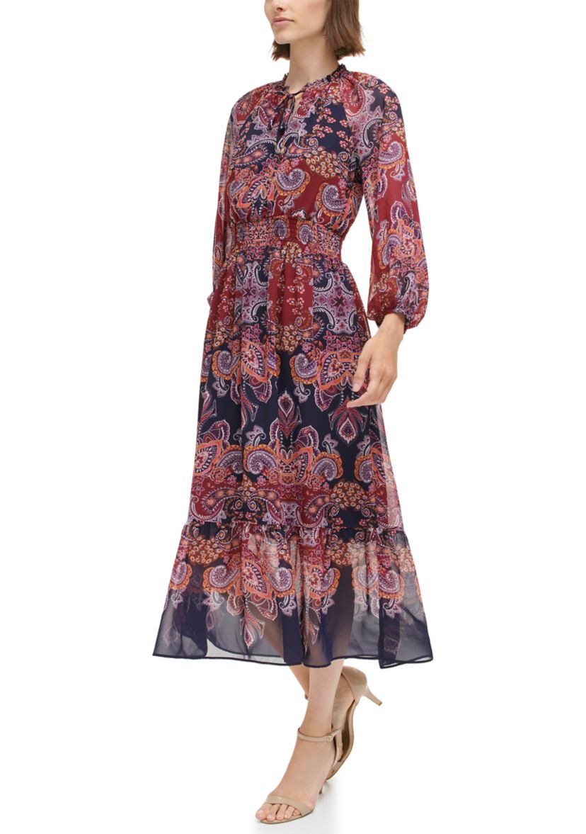 Womens Balloon Sleeve Printed Chiffon Midi Dress