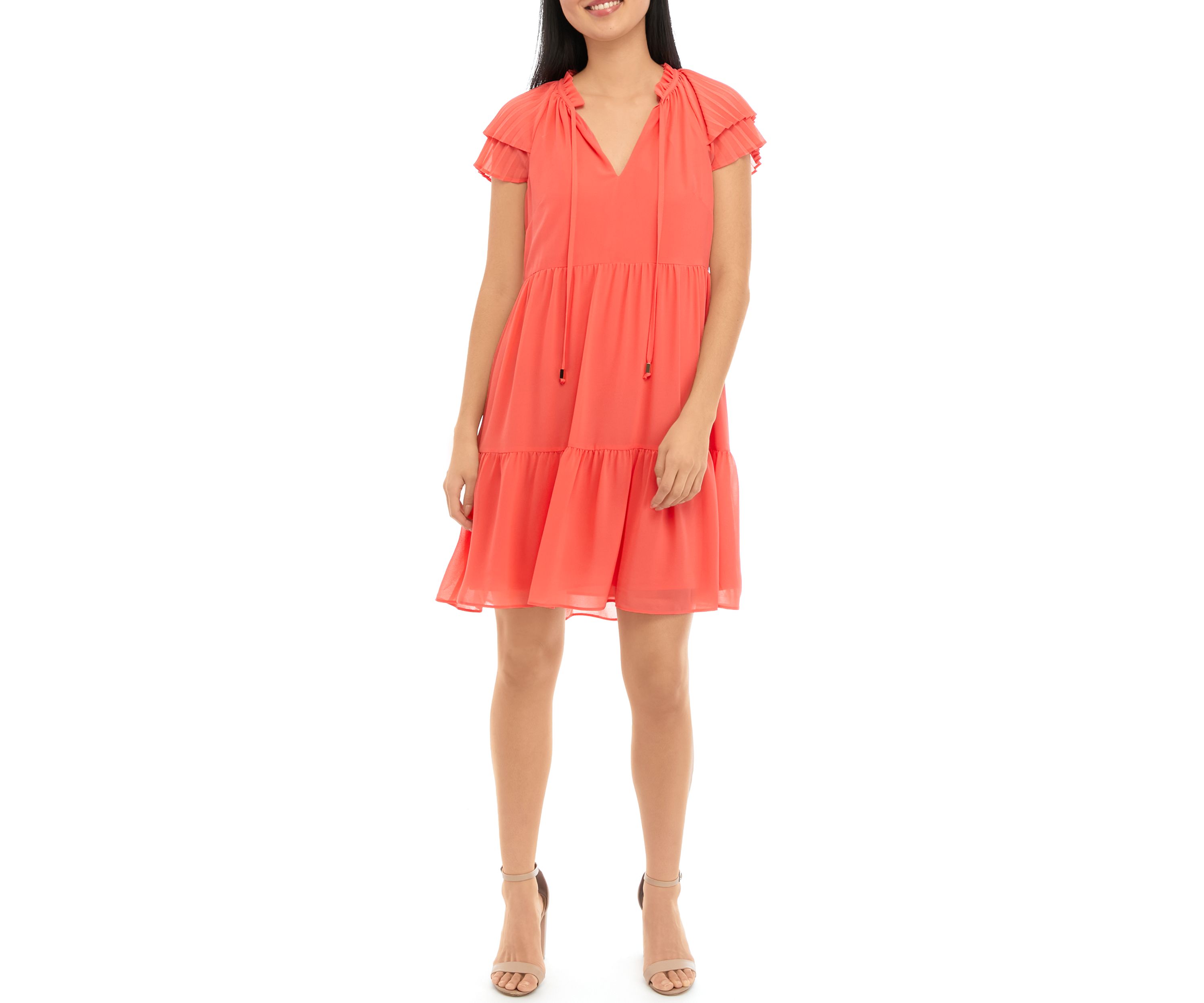 Womens Chiffon Float Dress with Wide Pleated Sleeve and Tassels