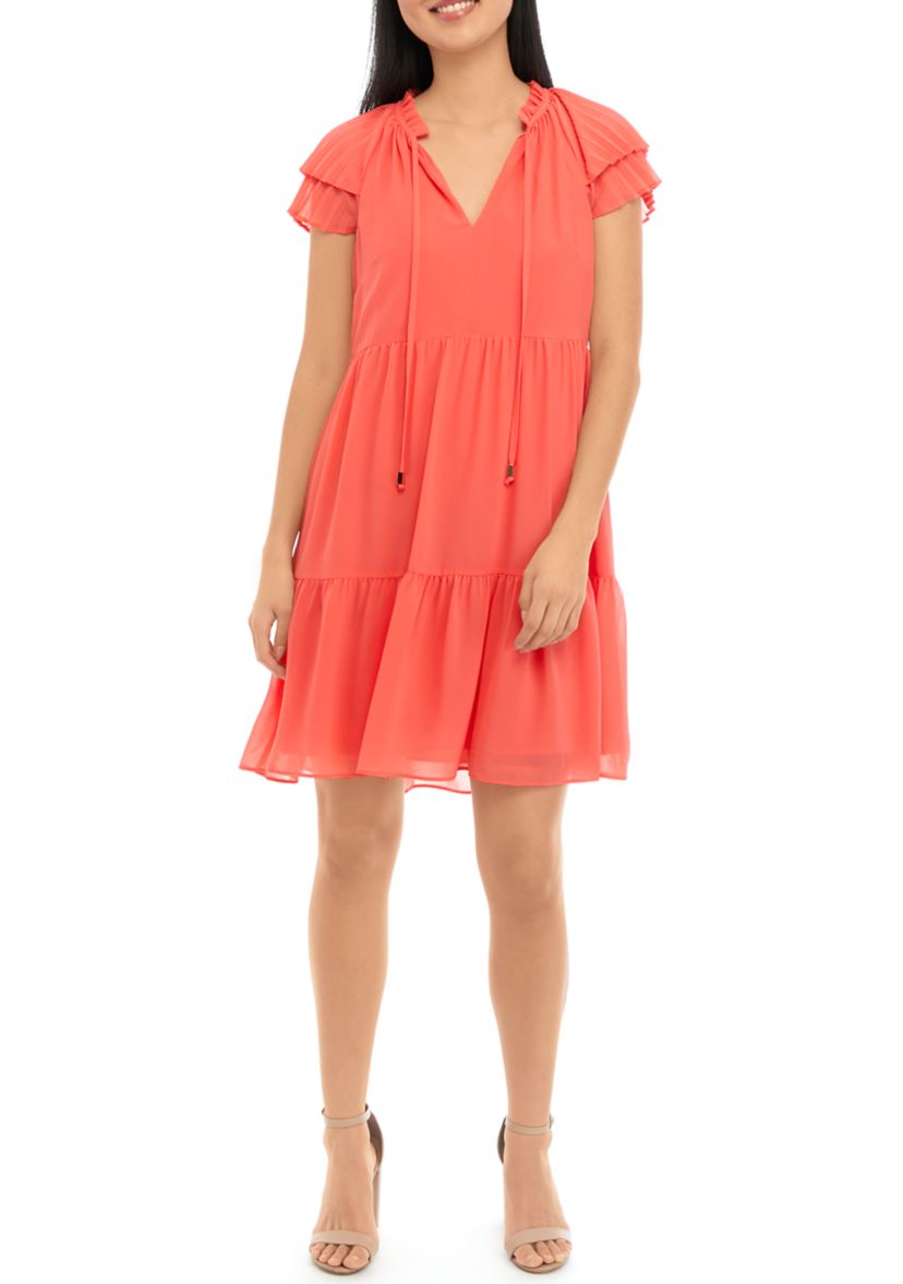 Womens Chiffon Float Dress with Wide Pleated Sleeve and Tassels