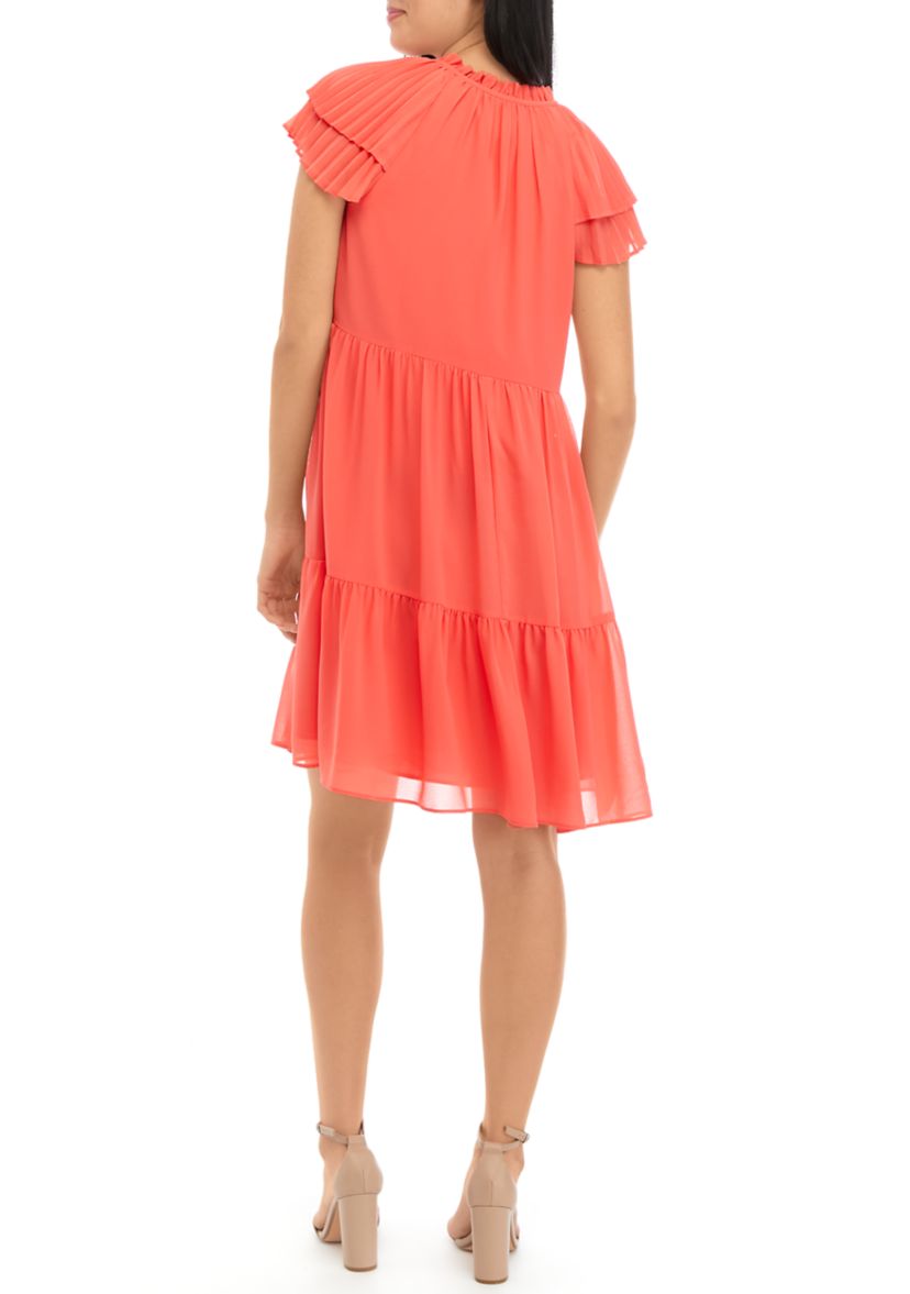 Womens Chiffon Float Dress with Wide Pleated Sleeve and Tassels