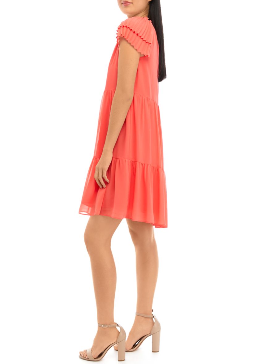 Womens Chiffon Float Dress with Wide Pleated Sleeve and Tassels