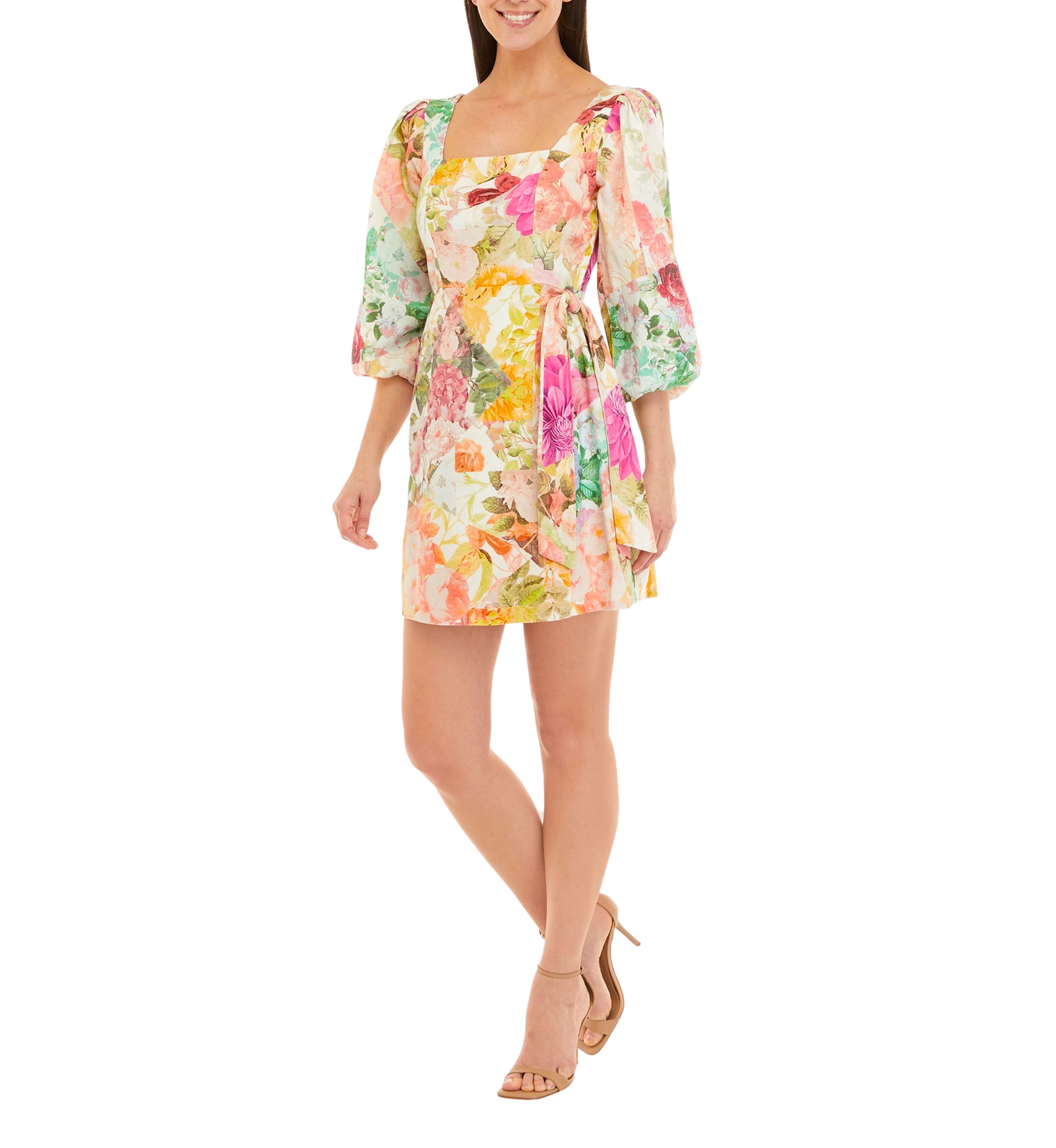 Womens 3/4 Sleeve Square Neck Floral Print Dress
