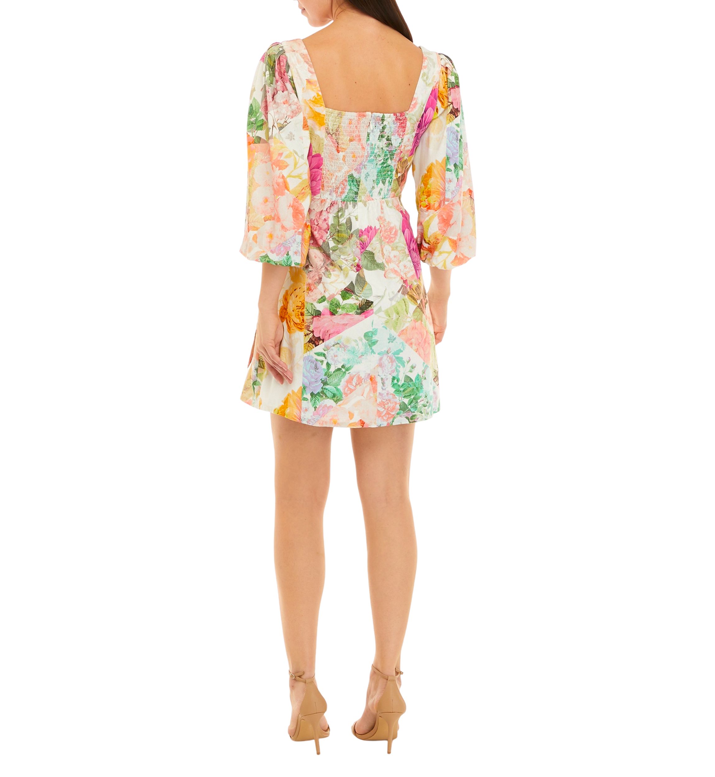 Womens 3/4 Sleeve Square Neck Floral Print Dress